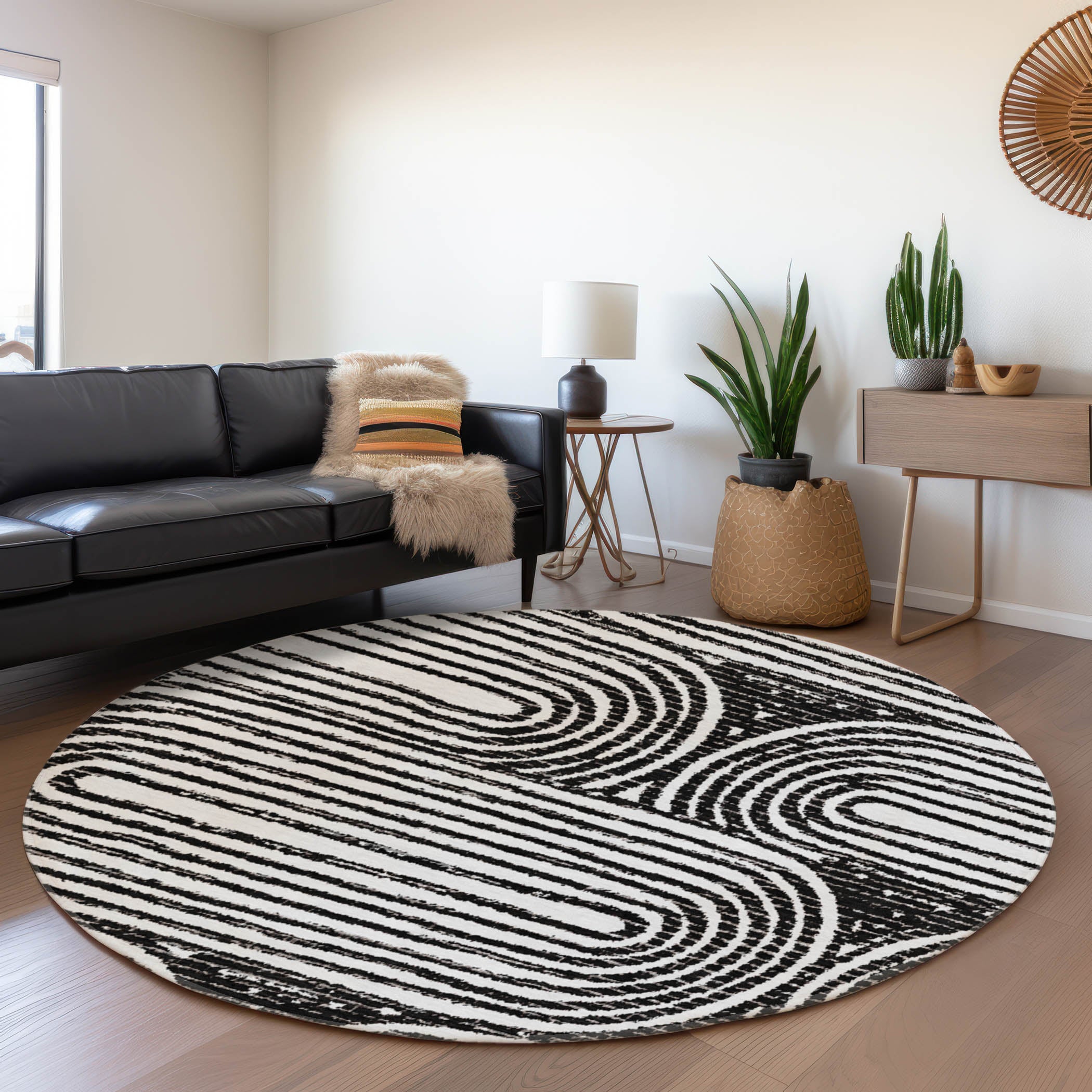 Mdina Machine Washable Contemporary Black Rug 8' x 8' #shape_Round