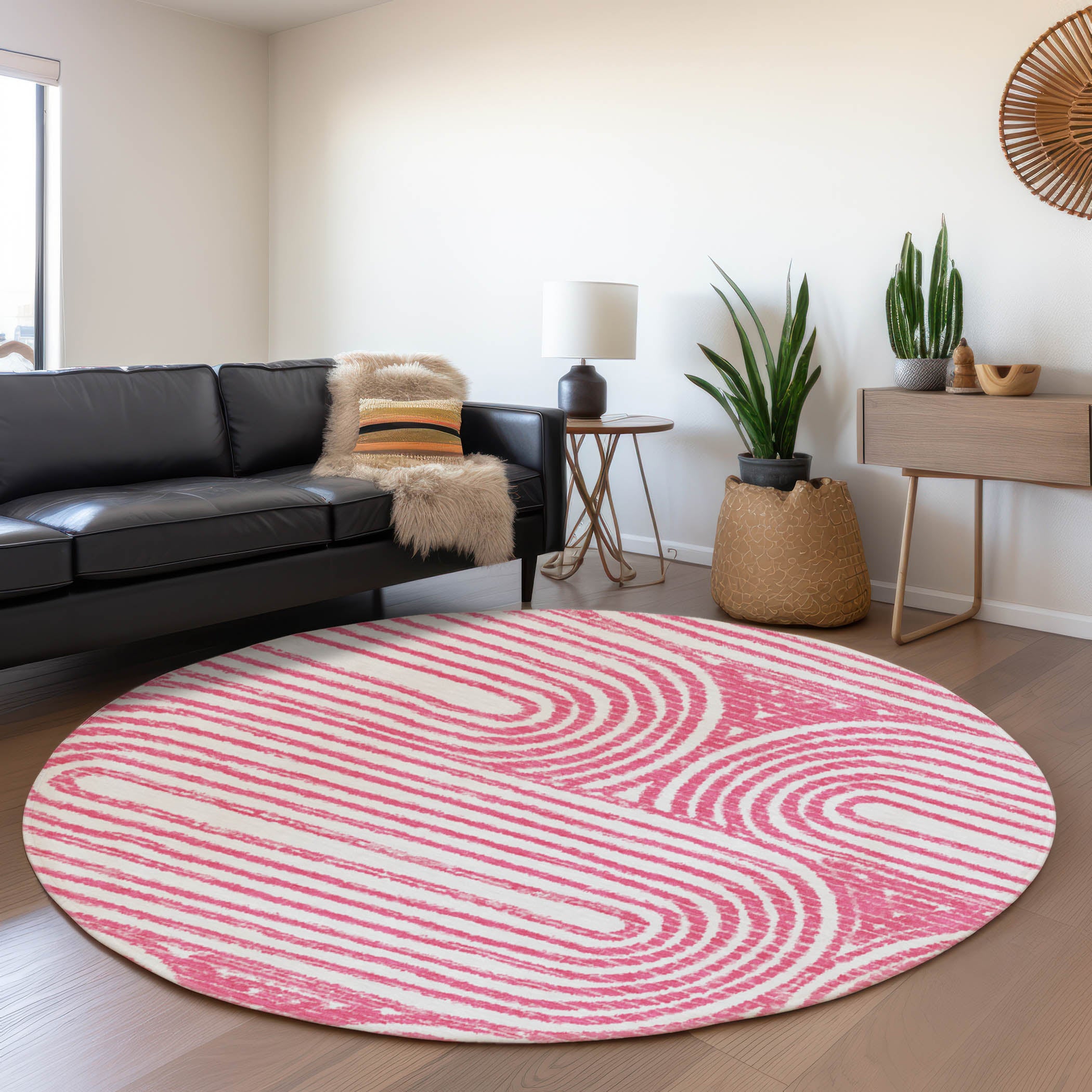 Mdina Machine Washable Contemporary Blush Pink Rug 8' x 8' #shape_Round