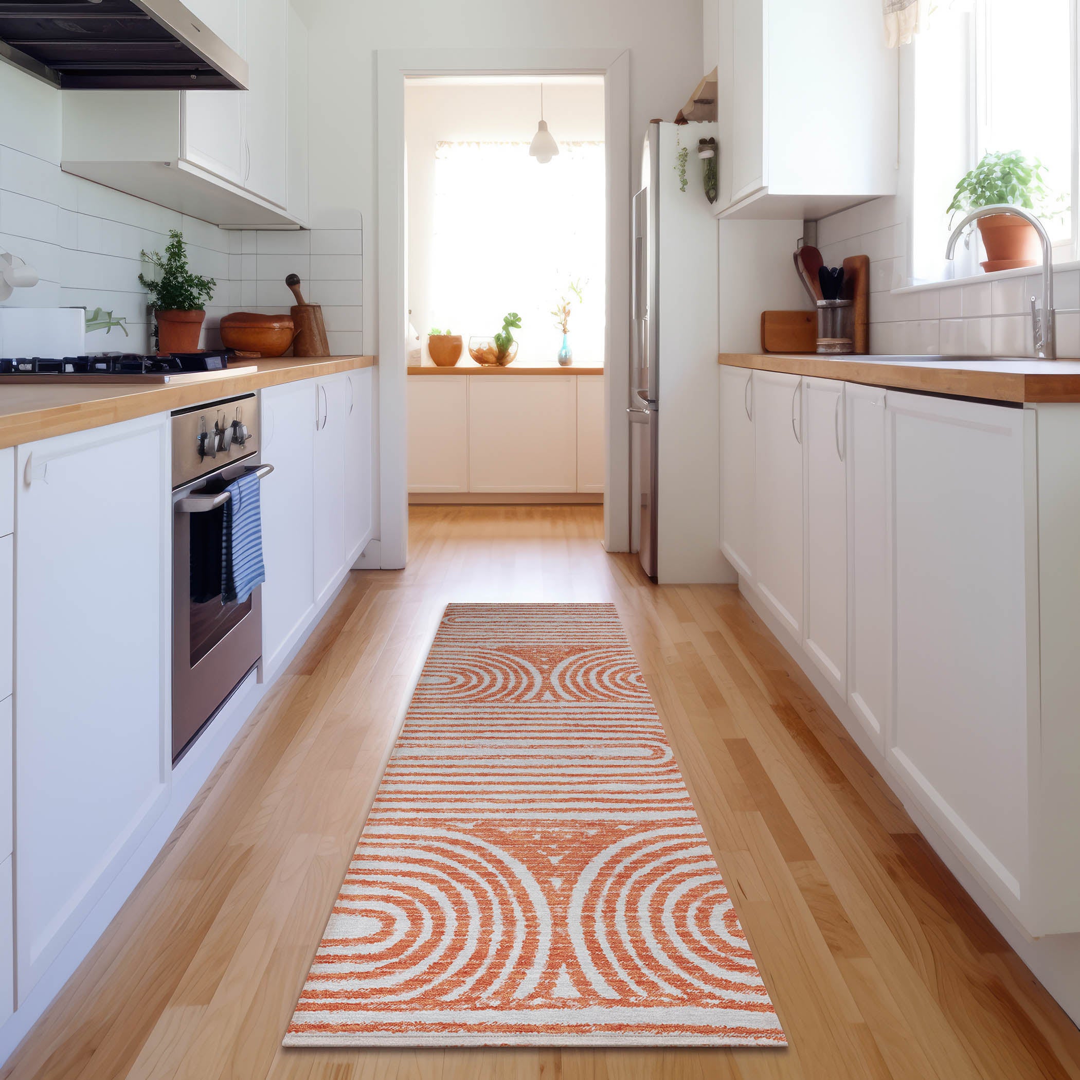Mdina Machine Washable Contemporary Salmon Orange Rug 2'3" x 7'6" #shape_Runner