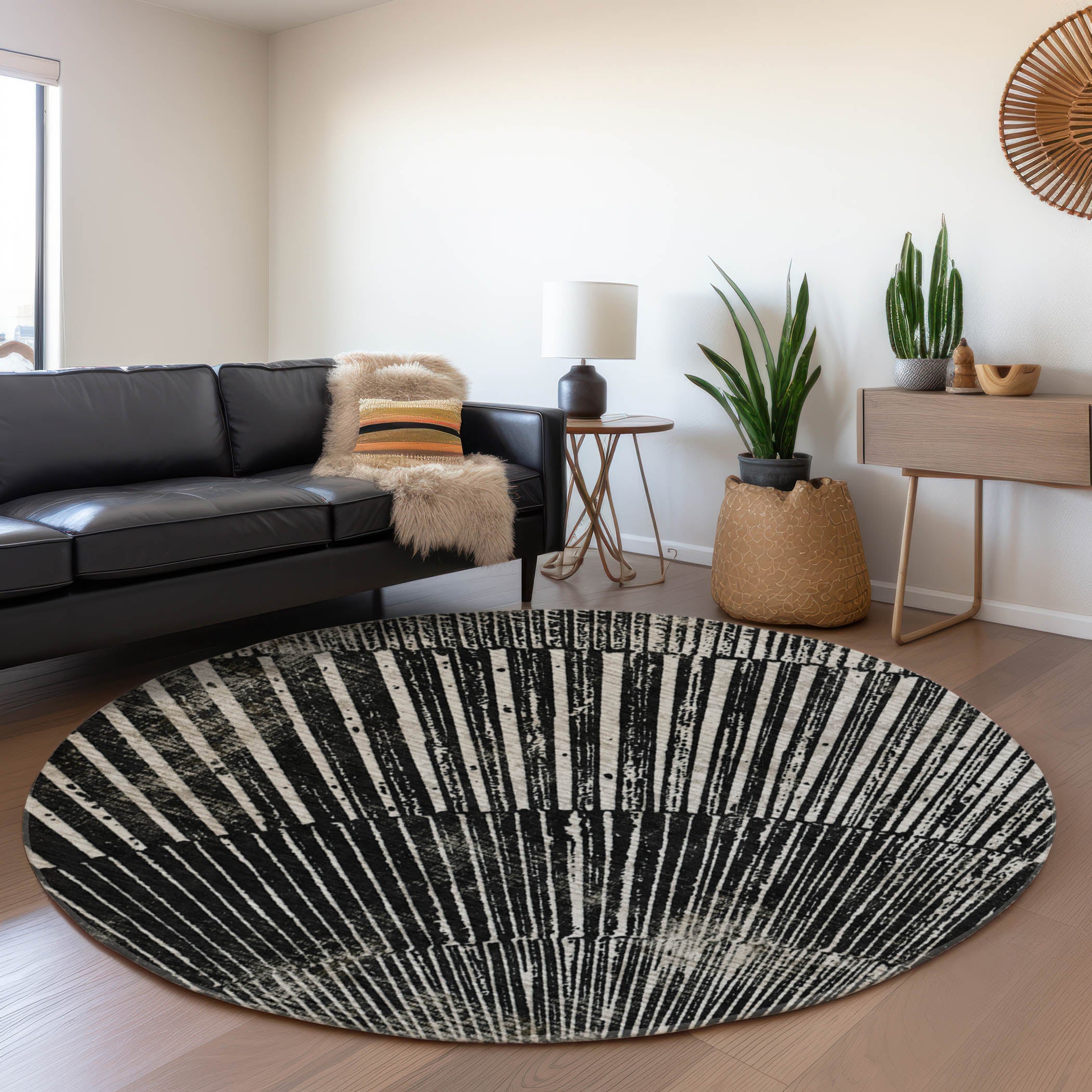 Split Machine Washable Transitional Black Rug 8' x 8' #shape_Round