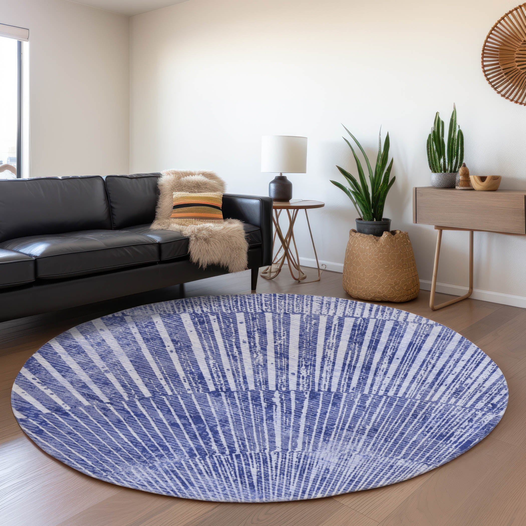 Split Machine Washable Transitional Navy Blue Rug 8' x 8' #shape_Round