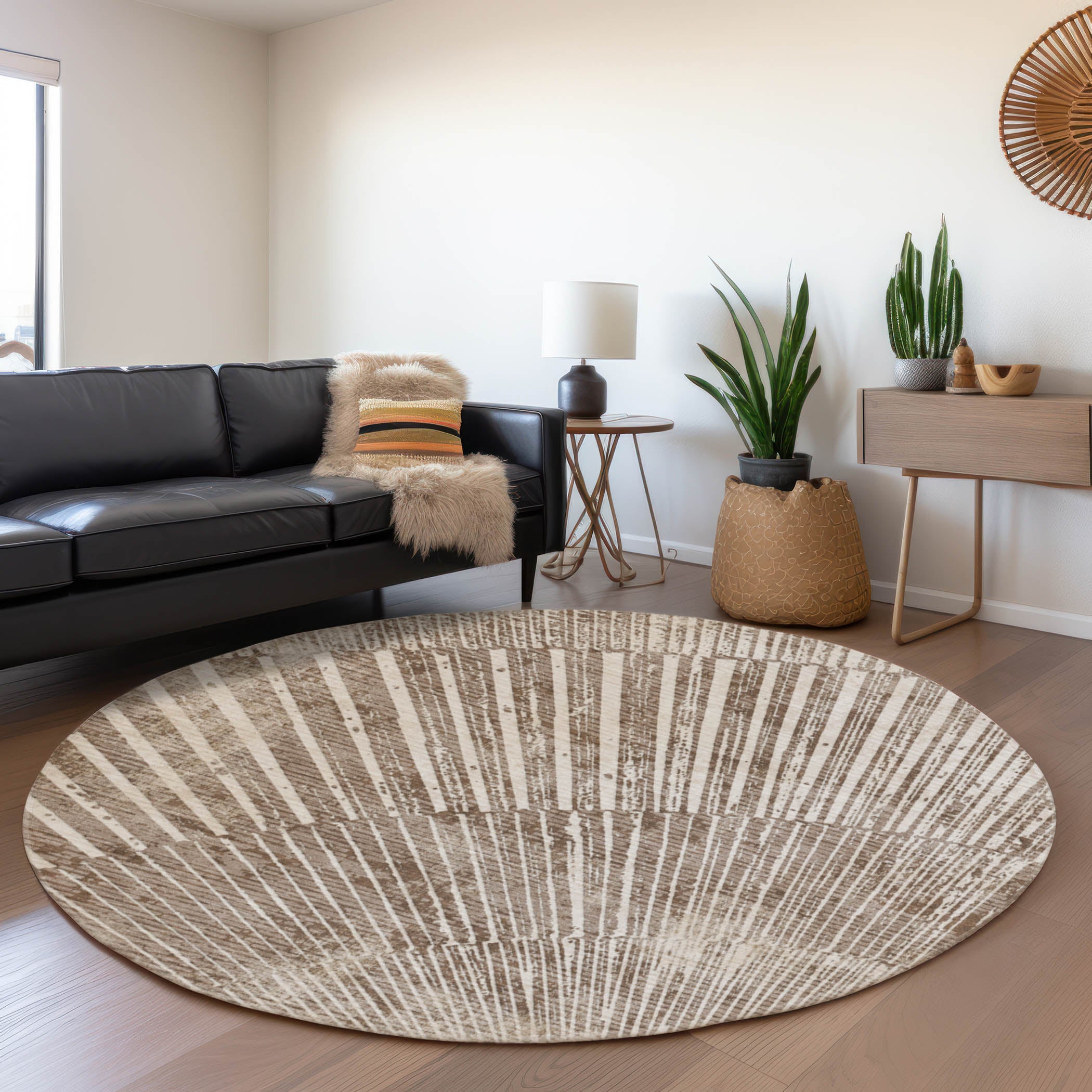 Split Machine Washable Transitional Taupe Brown Rug 8' x 8' #shape_Round