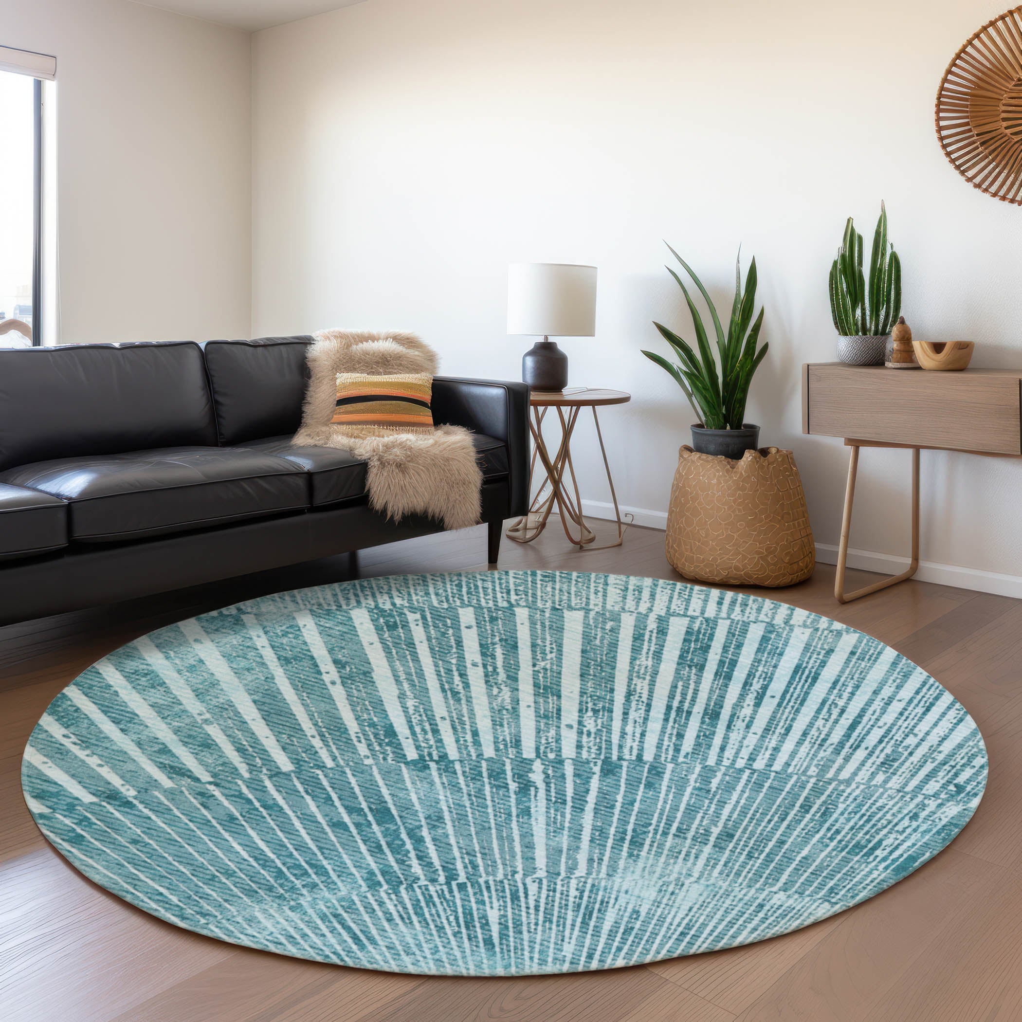 Split Machine Washable Transitional Teal Rug 8' x 8' #shape_Round