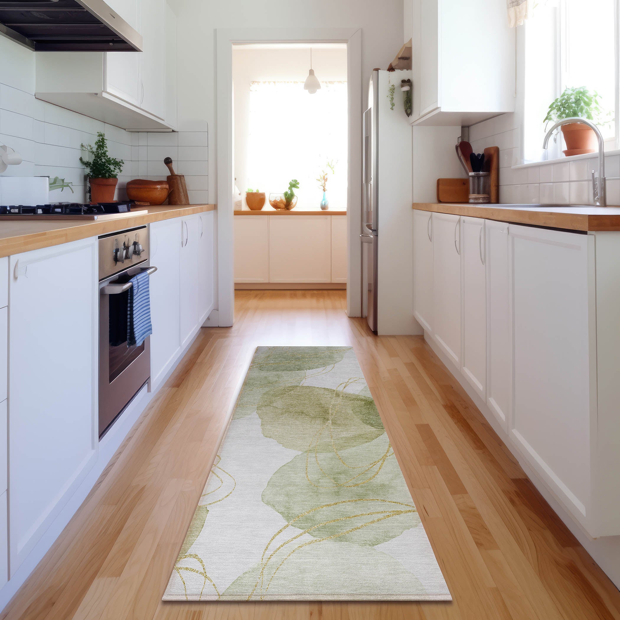 Kathmandu Machine Washable Contemporary Green Rug 2'3" x 7'6" #shape_Runner