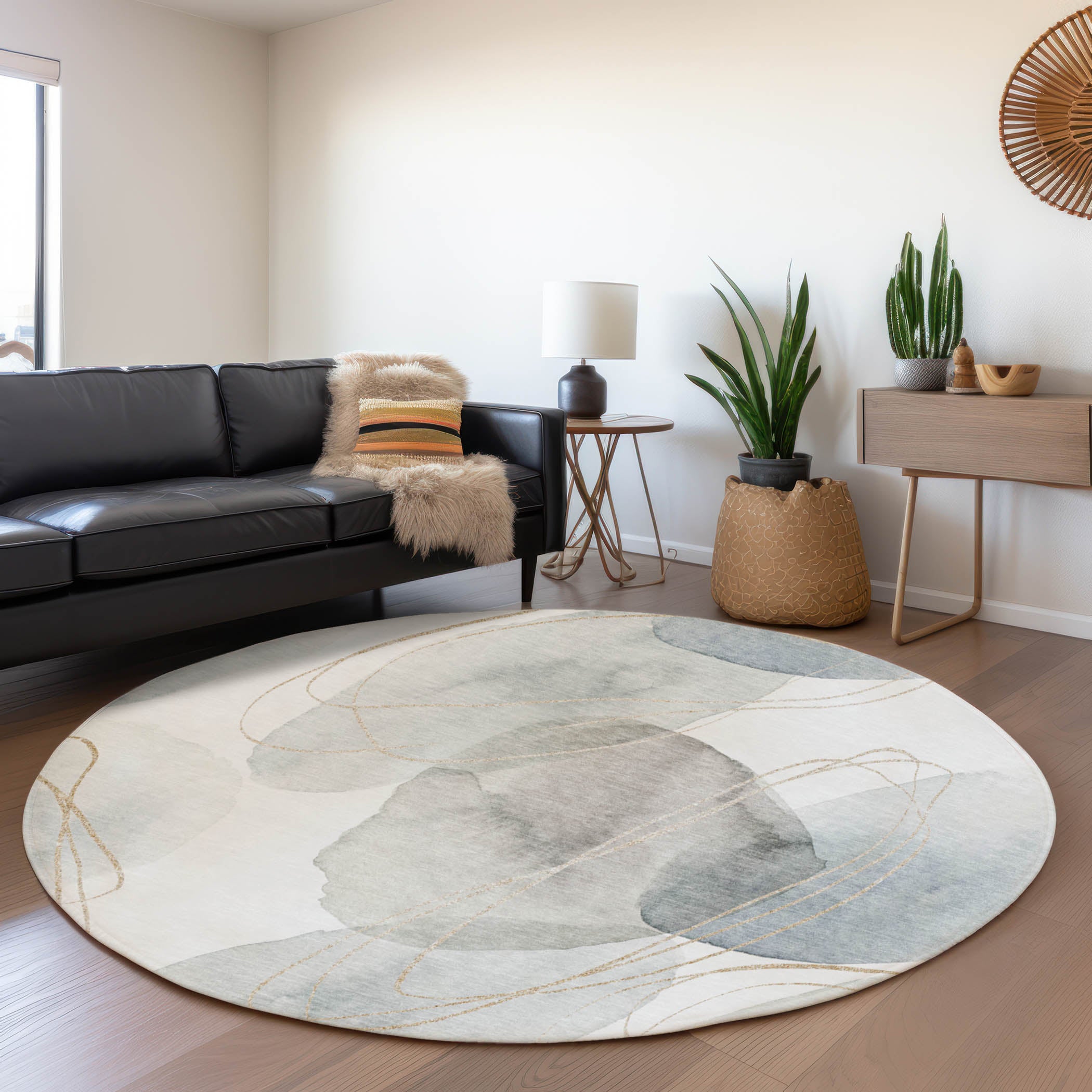 Kathmandu Machine Washable Contemporary Ivory Rug 8' x 8' #shape_Round