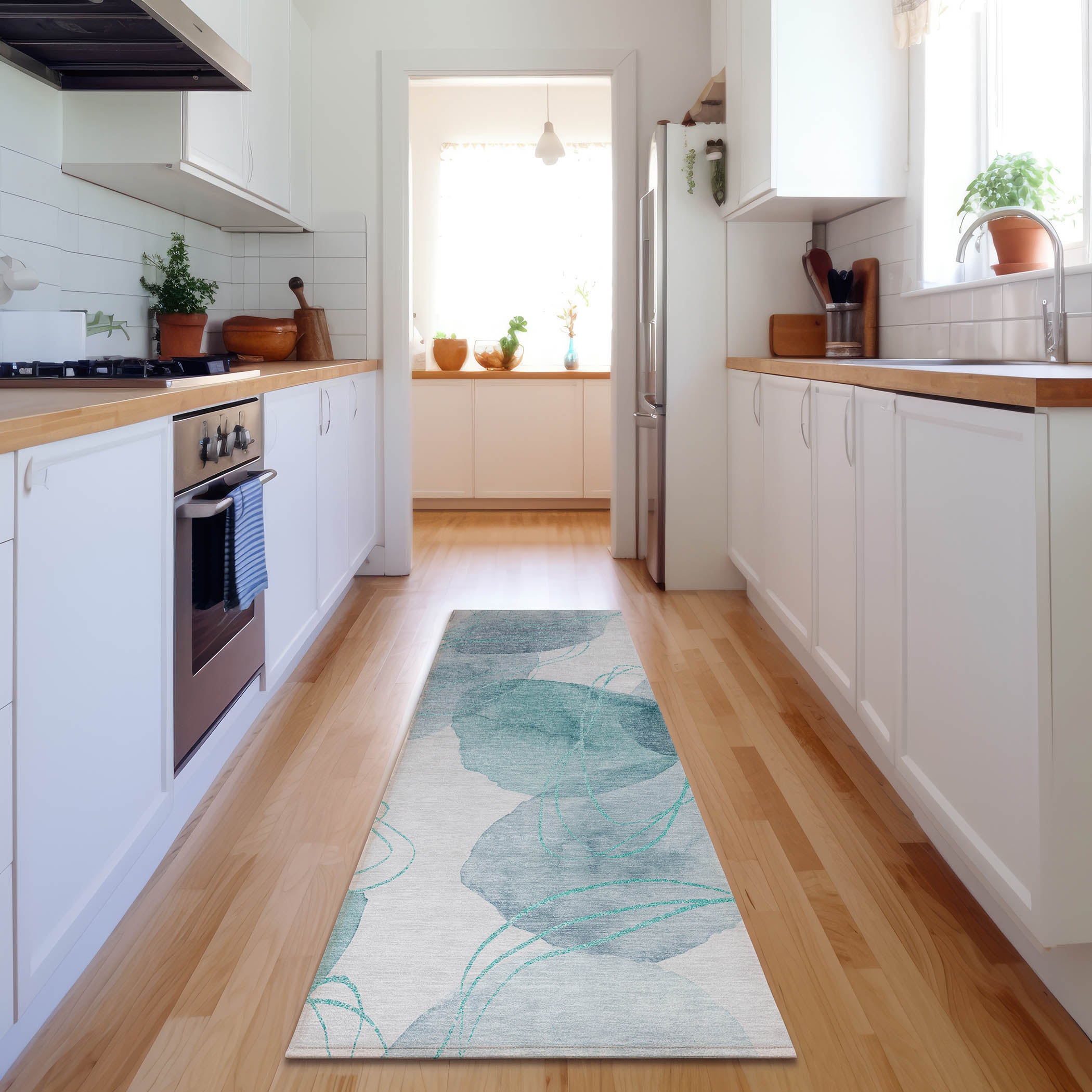 Kathmandu Machine Washable Contemporary Teal Rug 2'3" x 7'6" #shape_Runner