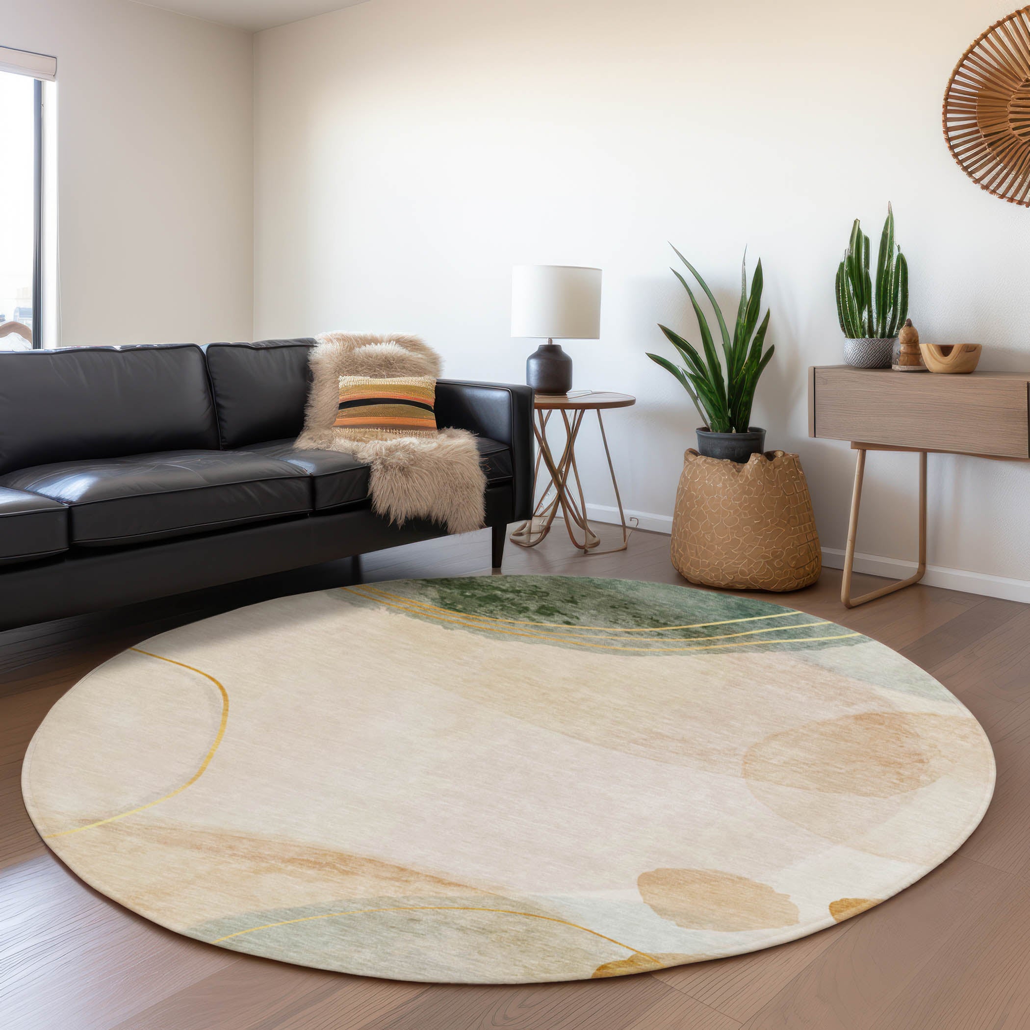Reykjavik Machine Washable Transitional Beige Brown Rug 8' x 8' #shape_Round
