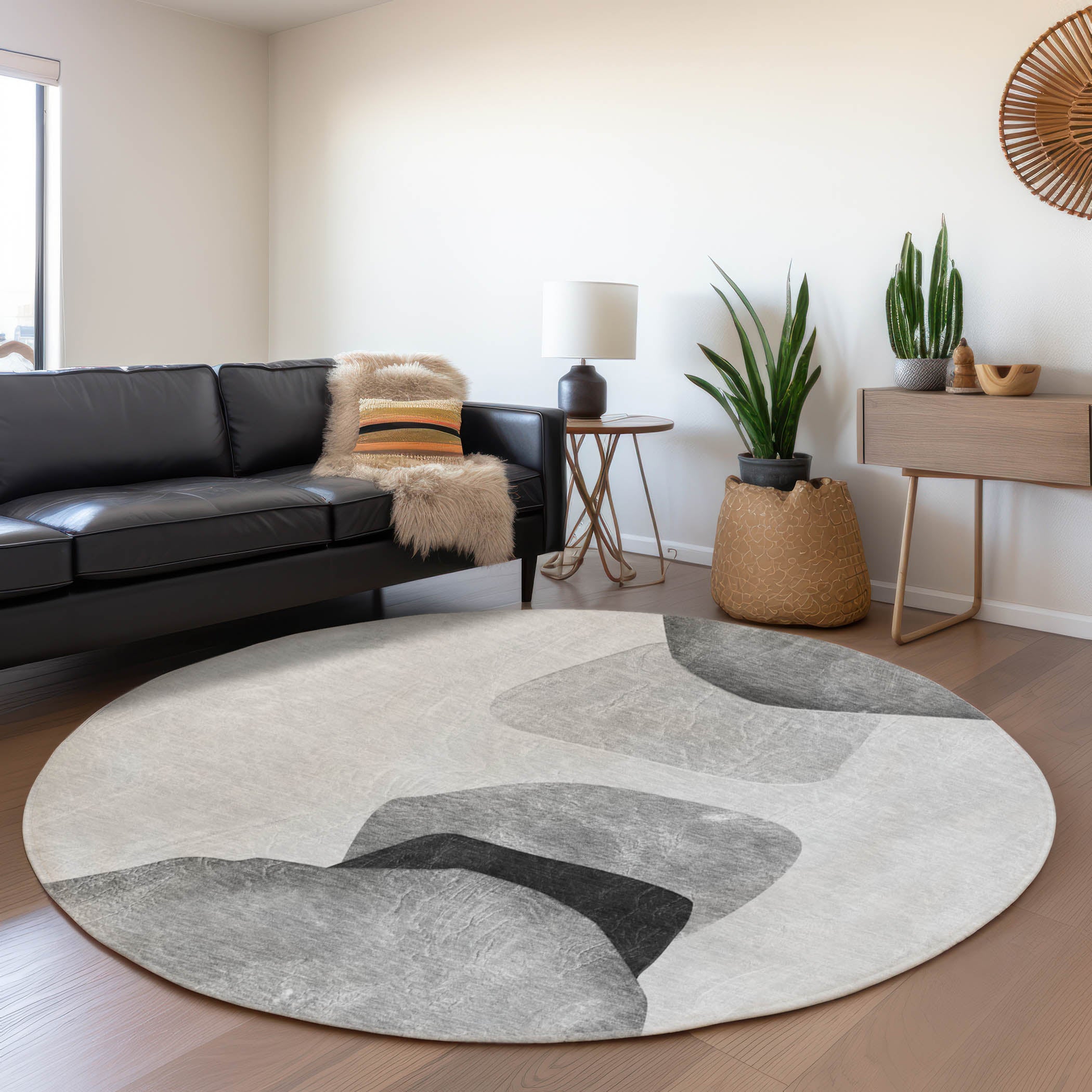 Seoul Machine Washable Transitional Gray Rug 8' x 8' #shape_Round