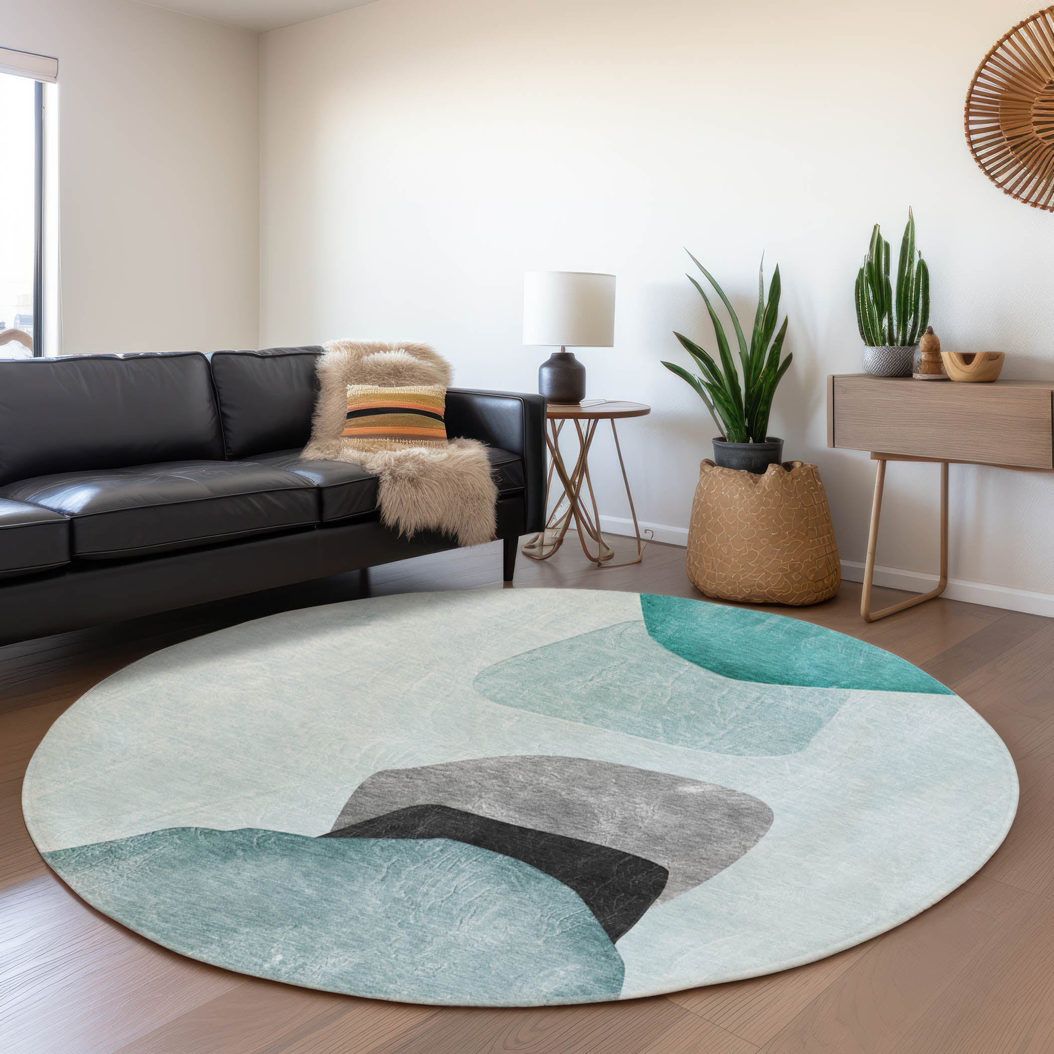 Seoul Machine Washable Transitional Teal Rug 8' x 8' #shape_Round