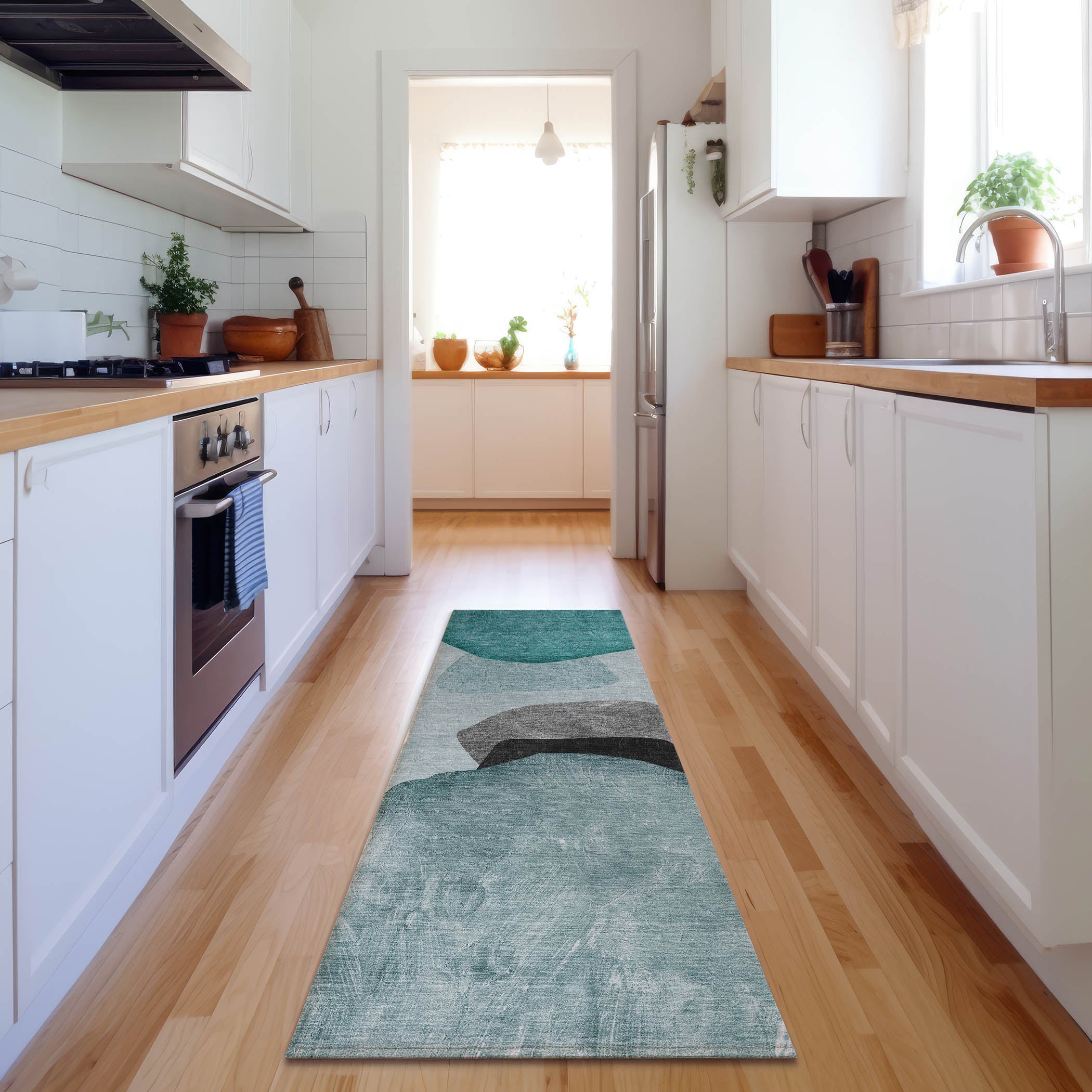 Seoul Machine Washable Transitional Teal Rug 2'3" x 7'6" #shape_Runner