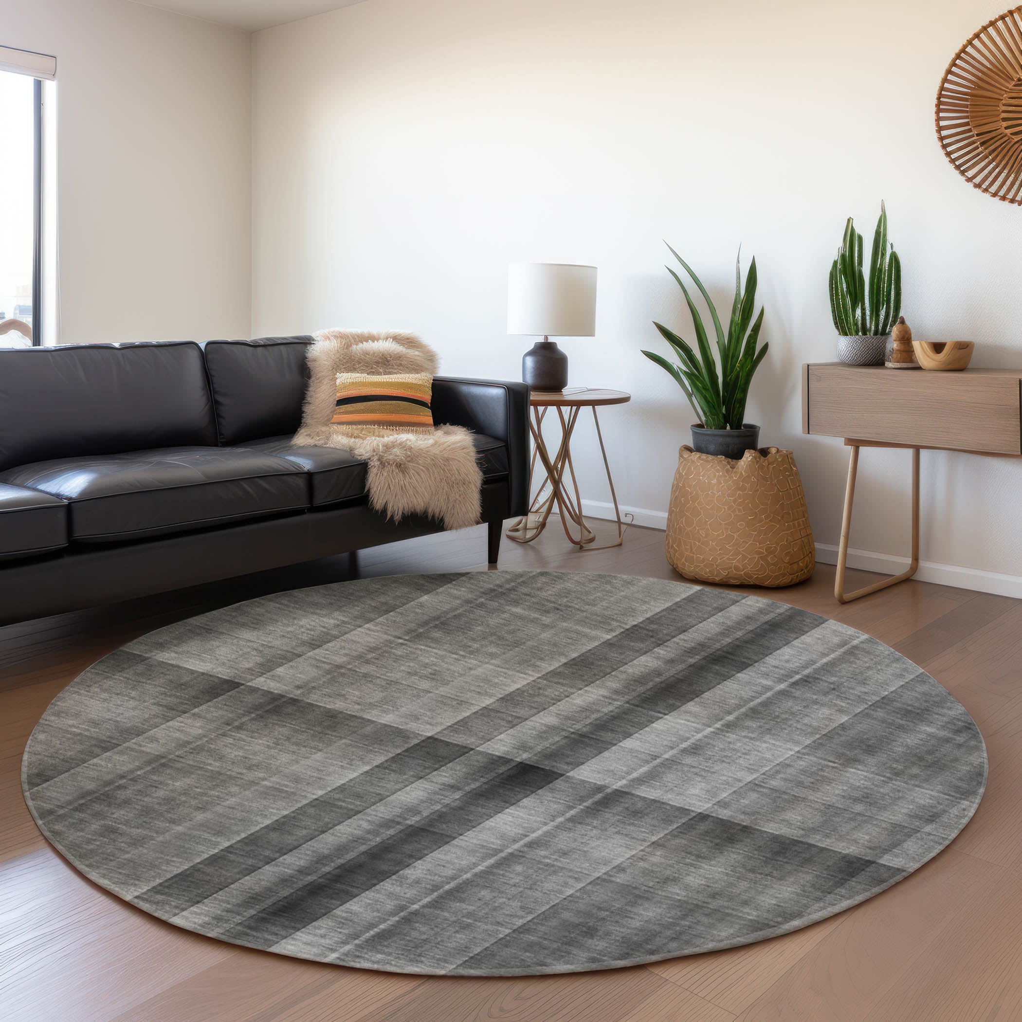 Havana Machine Washable Transitional Gray Rug 8' x 8' #shape_Round