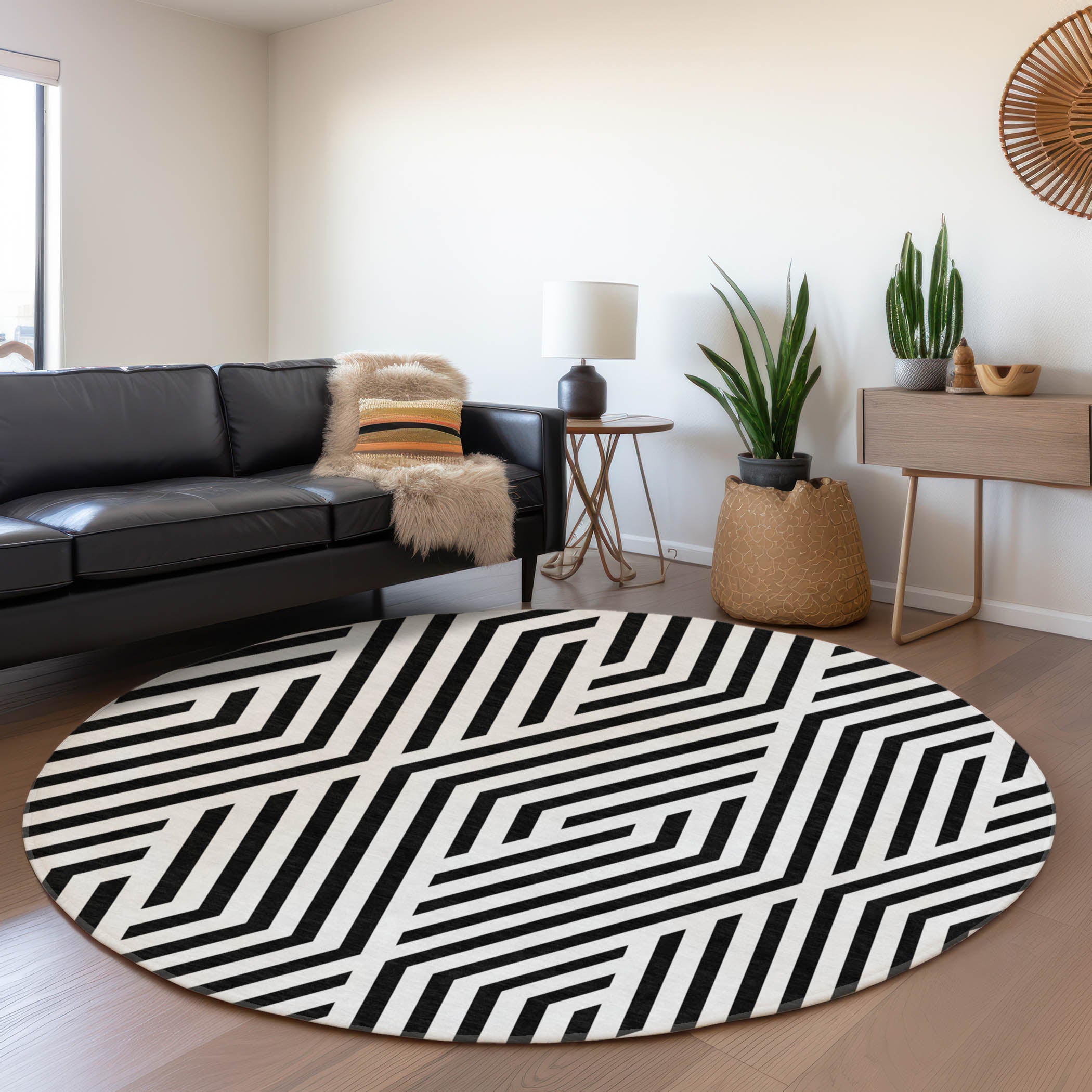 Oaxaca Machine Washable Transitional Black Rug 8' x 8' #shape_Round