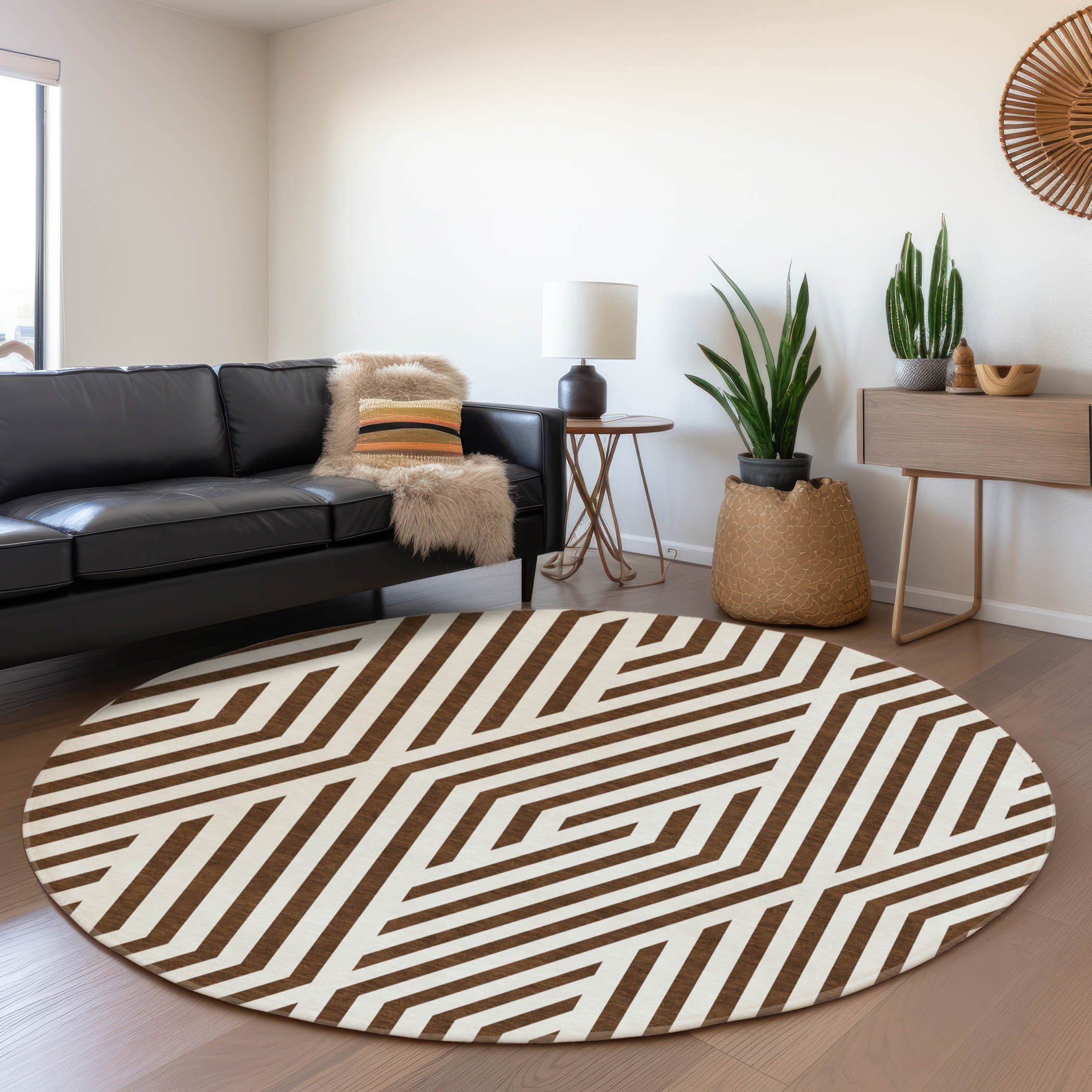 Oaxaca Machine Washable Transitional Brown Rug 8' x 8' #shape_Round