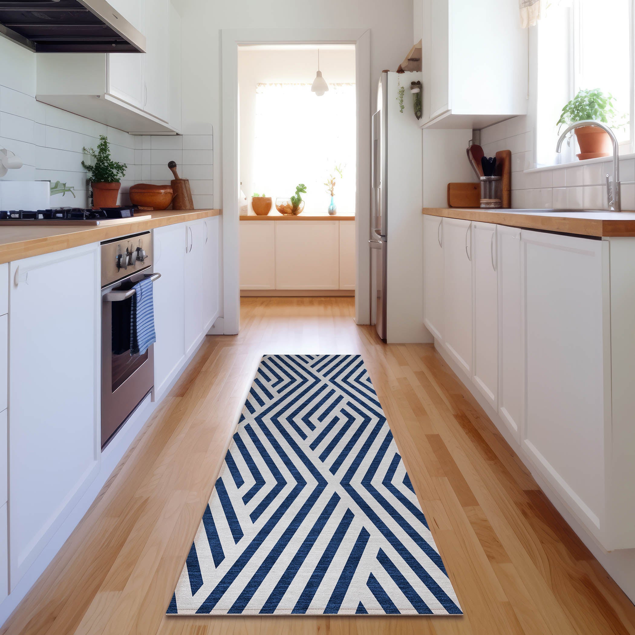 Oaxaca Machine Washable Transitional Navy Blue Rug 2'3" x 7'6" #shape_Runner