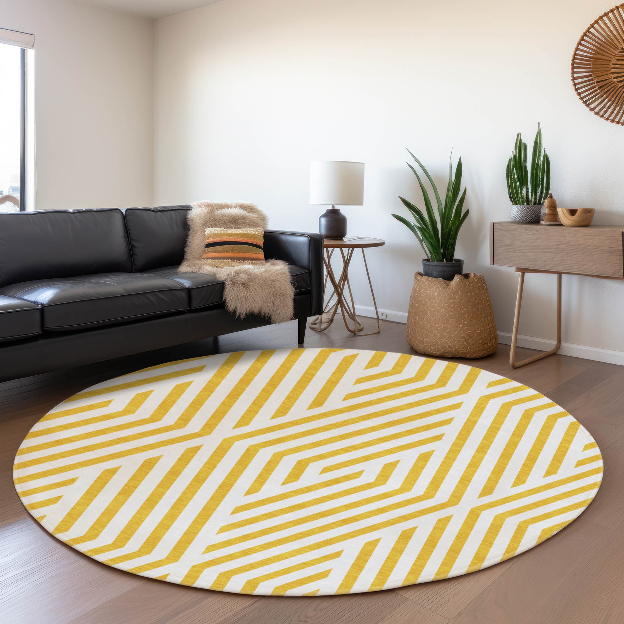Oaxaca Machine Washable Transitional Yellow Gold Rug 8' x 8' #shape_Round