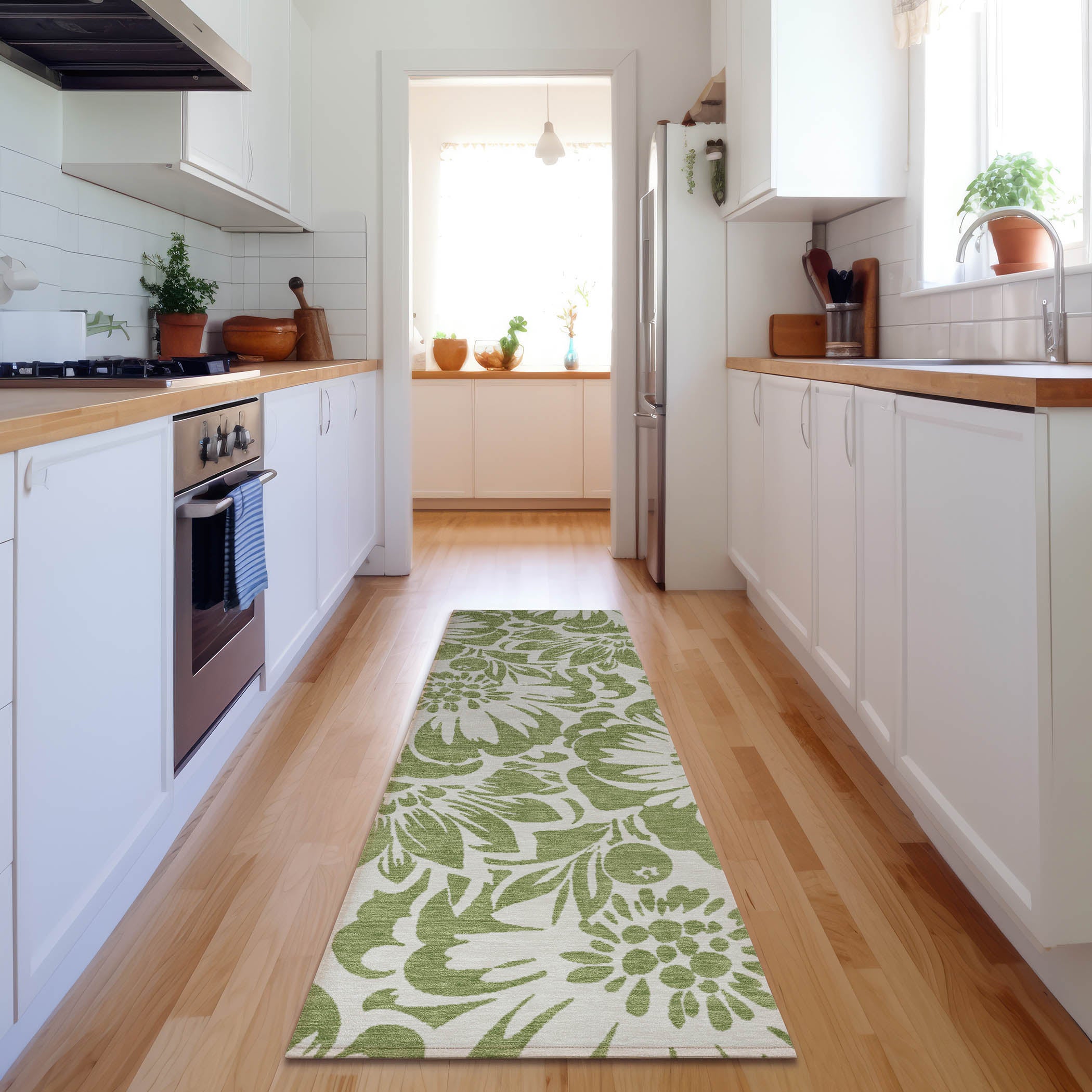 Cartagena Machine Washable Transitional Aloe Green Rug 2'3" x 7'6" #shape_Runner