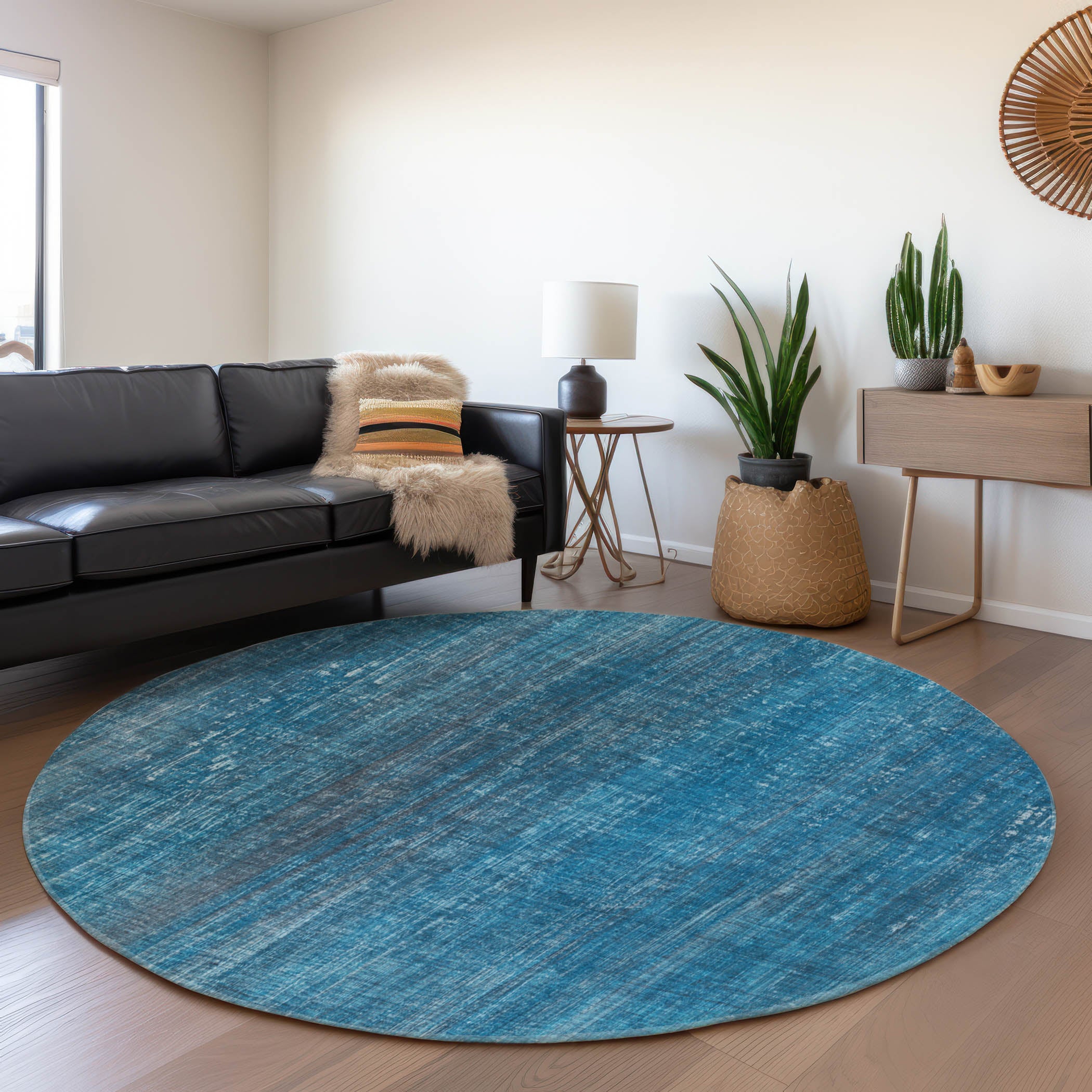 Budapest Machine Washable Transitional Blue Rug 8' x 8' #shape_Round