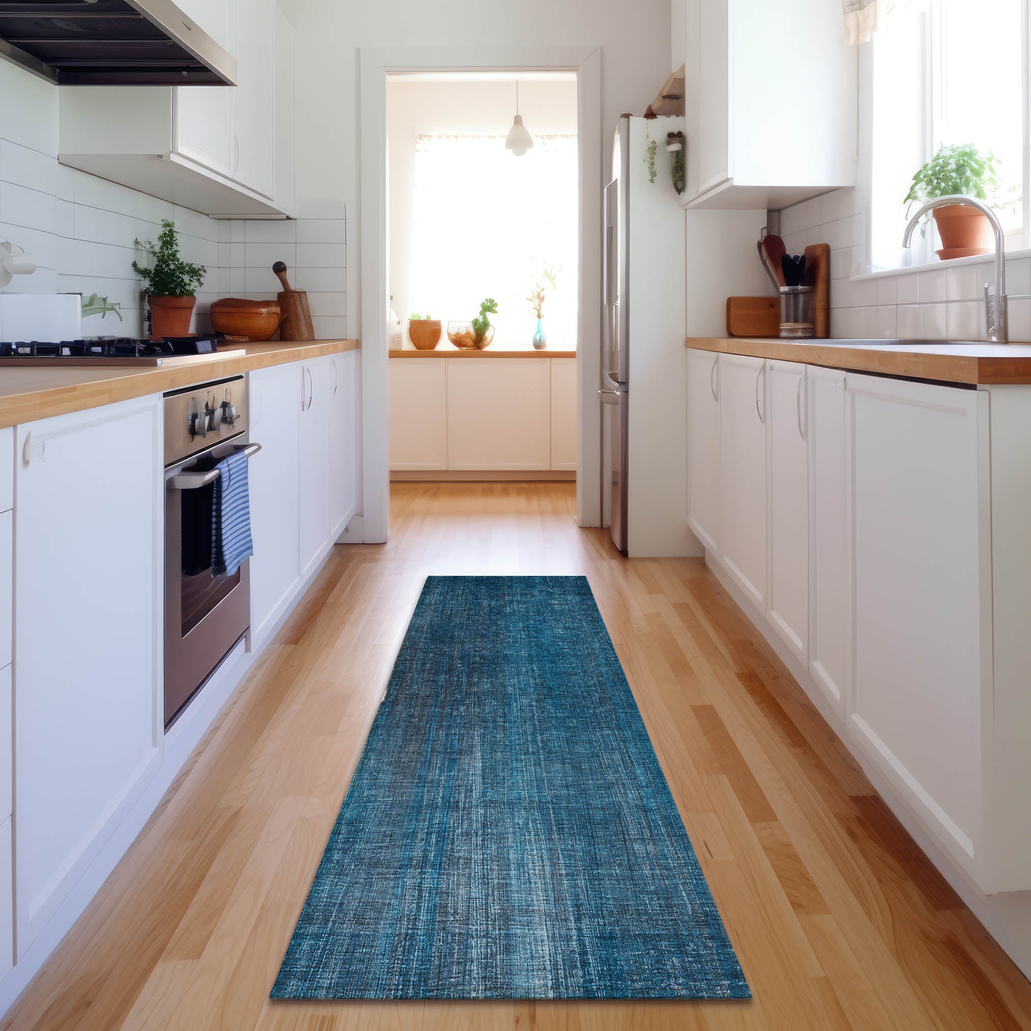 Budapest Machine Washable Transitional Blue Rug 2'3" x 7'6" #shape_Runner
