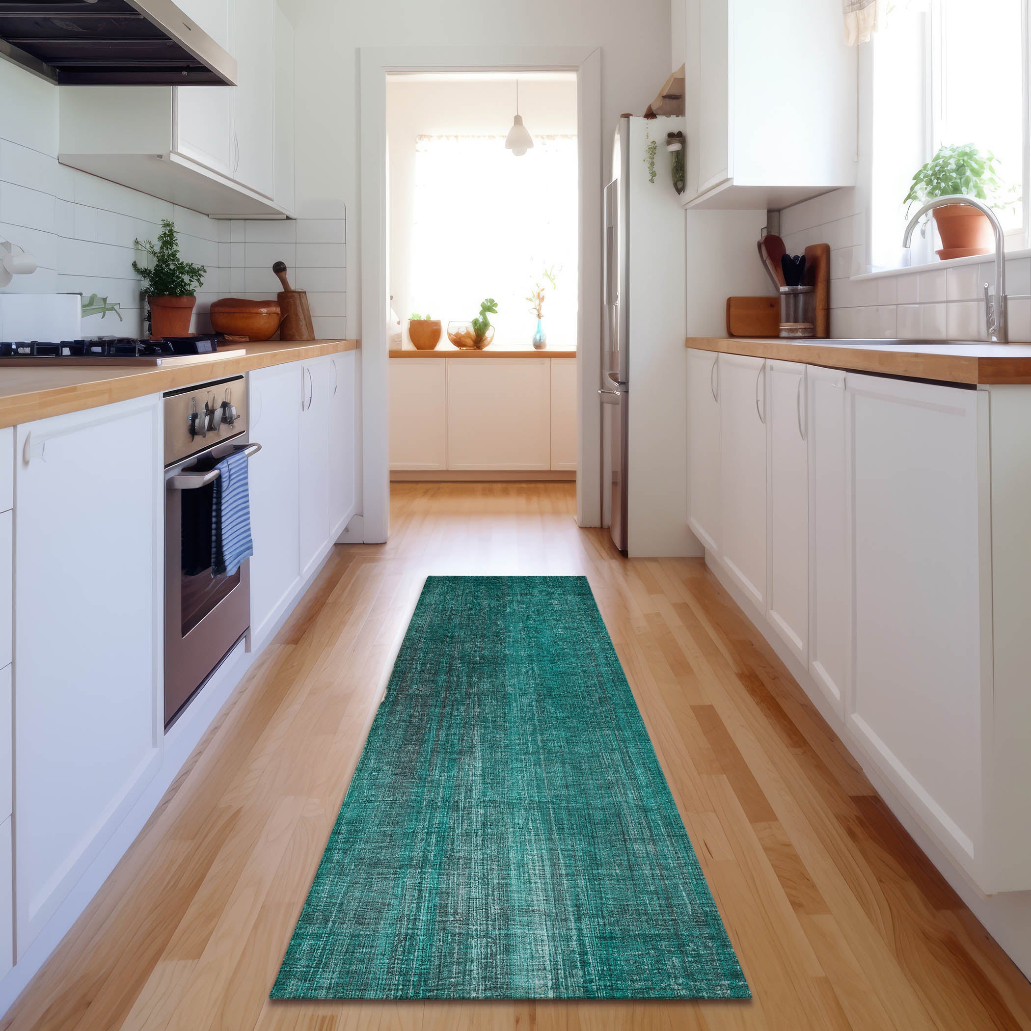Budapest Machine Washable Transitional Teal Rug 2'3" x 7'6" #shape_Runner