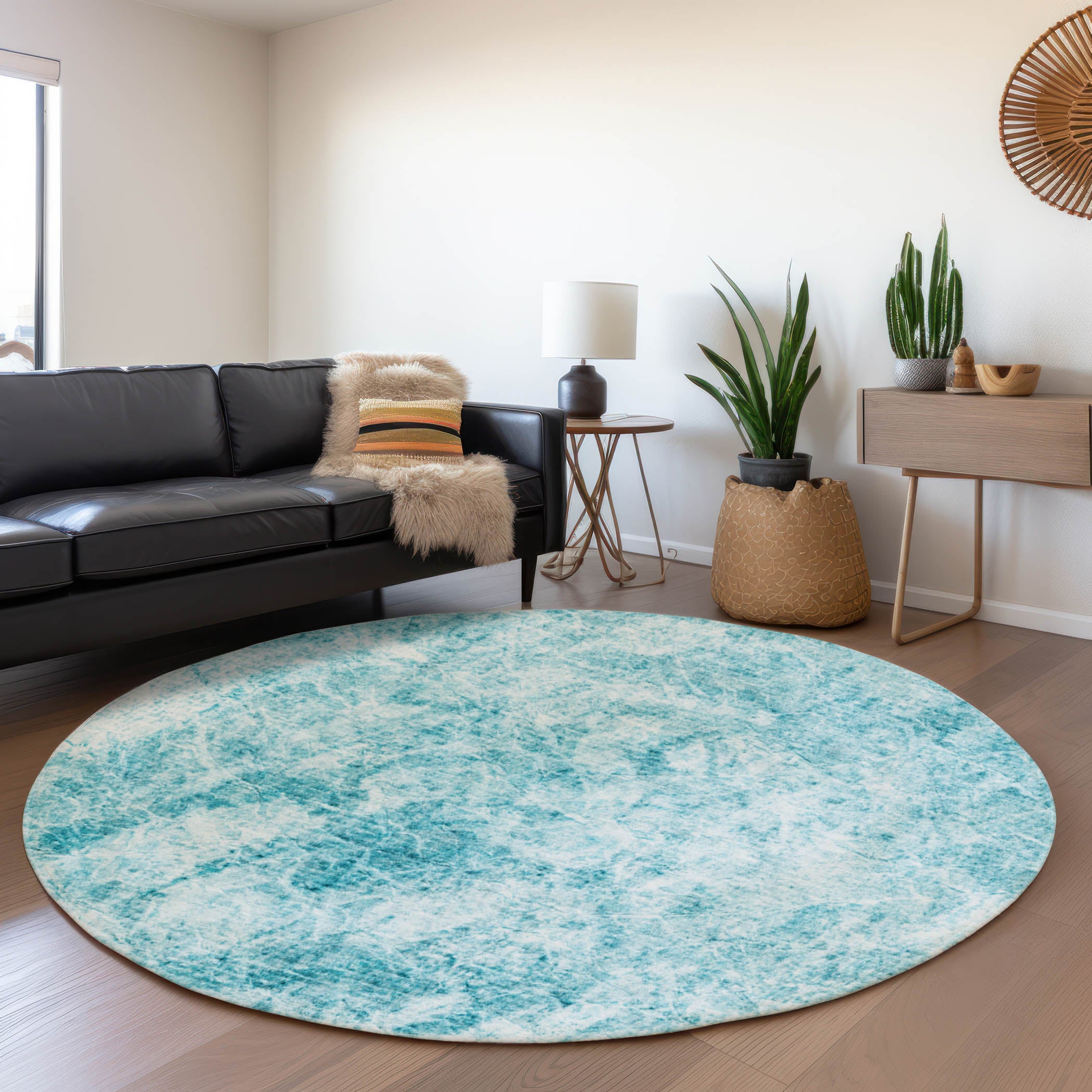 Santorini Machine Washable Transitional Teal Rug 8' x 8' #shape_Round