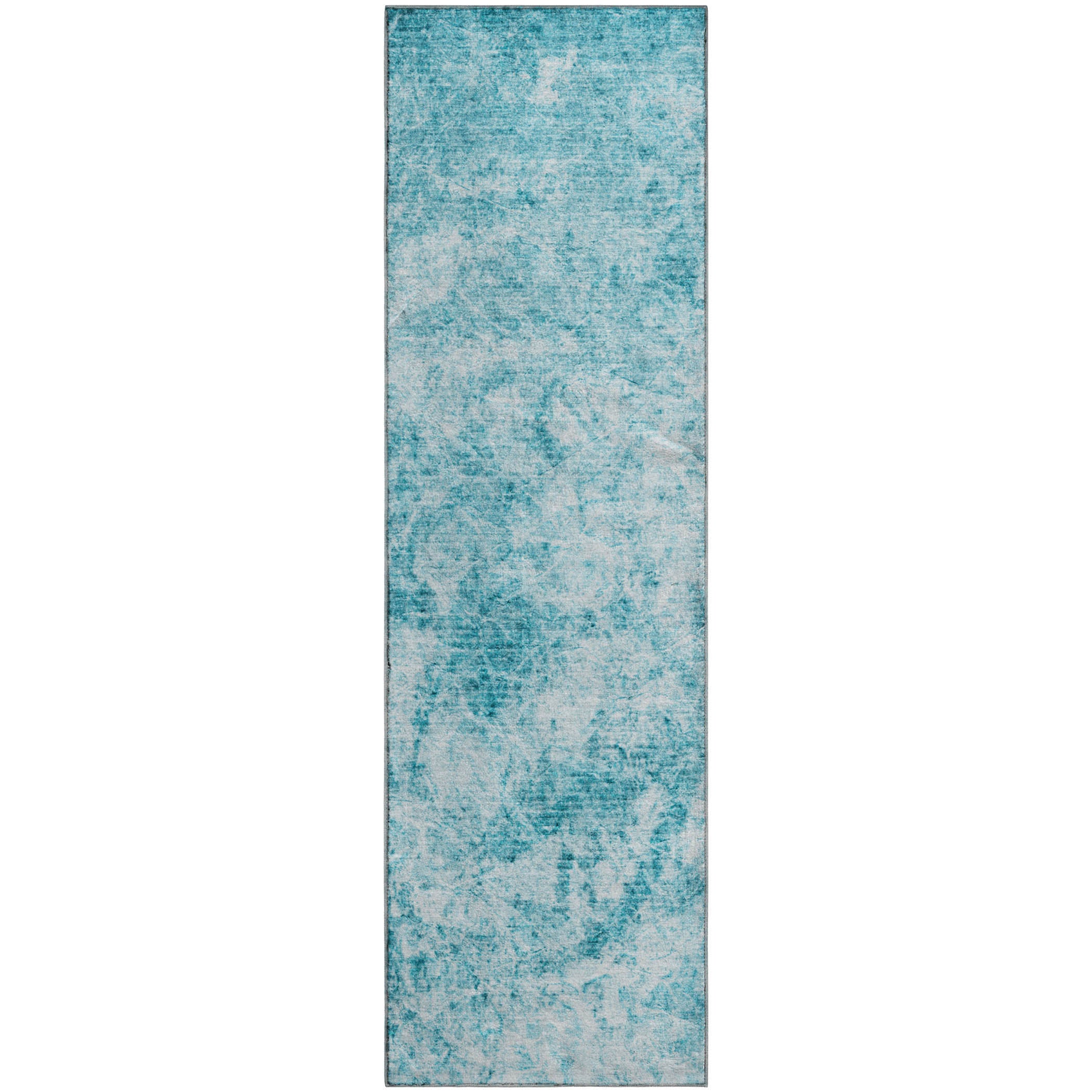 Santorini Machine Washable Transitional Teal Rug 2'3" x 7'6" #shape_Runner
