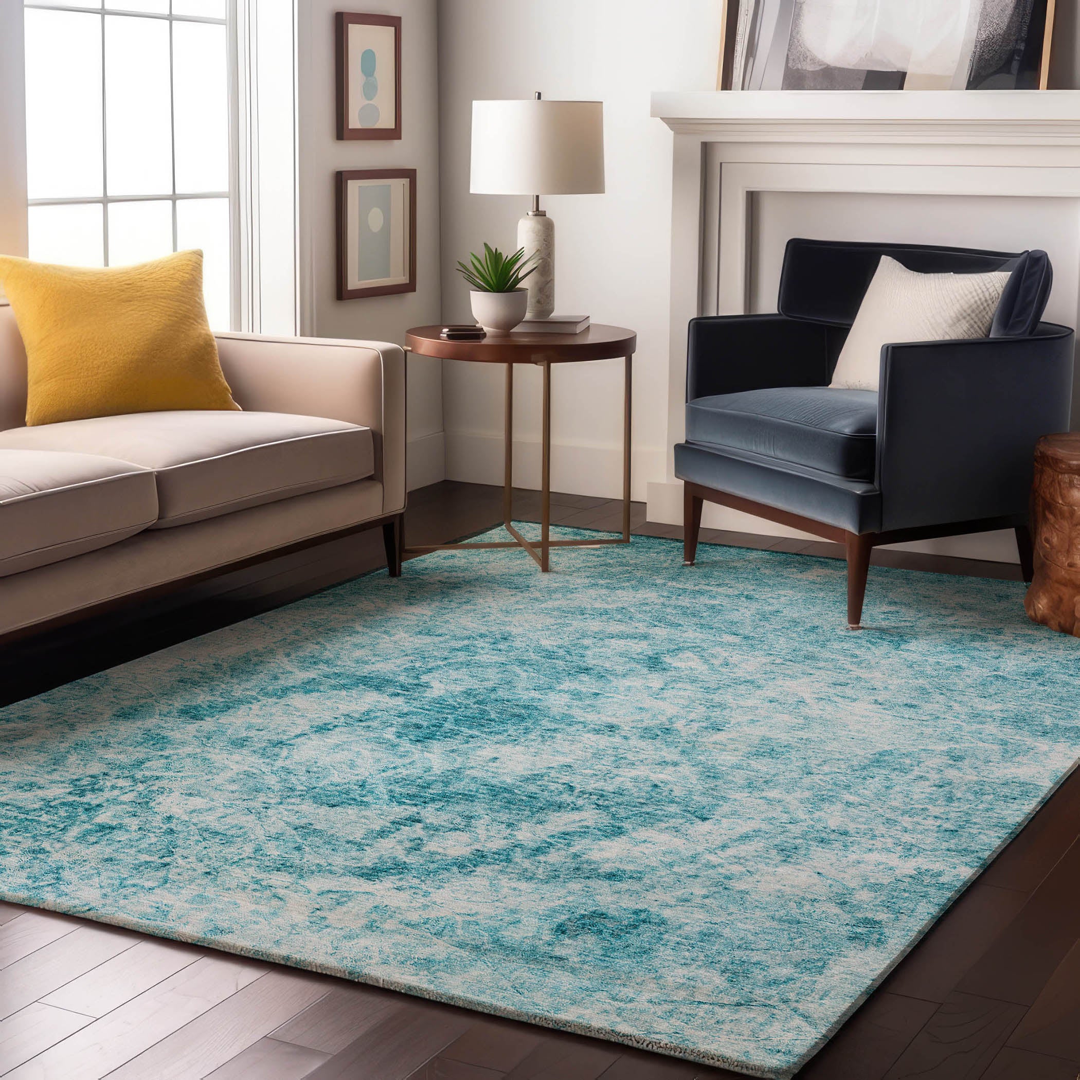 Santorini Machine Washable Transitional Teal Rug 2'6" x 3'10" #shape_Rectangle