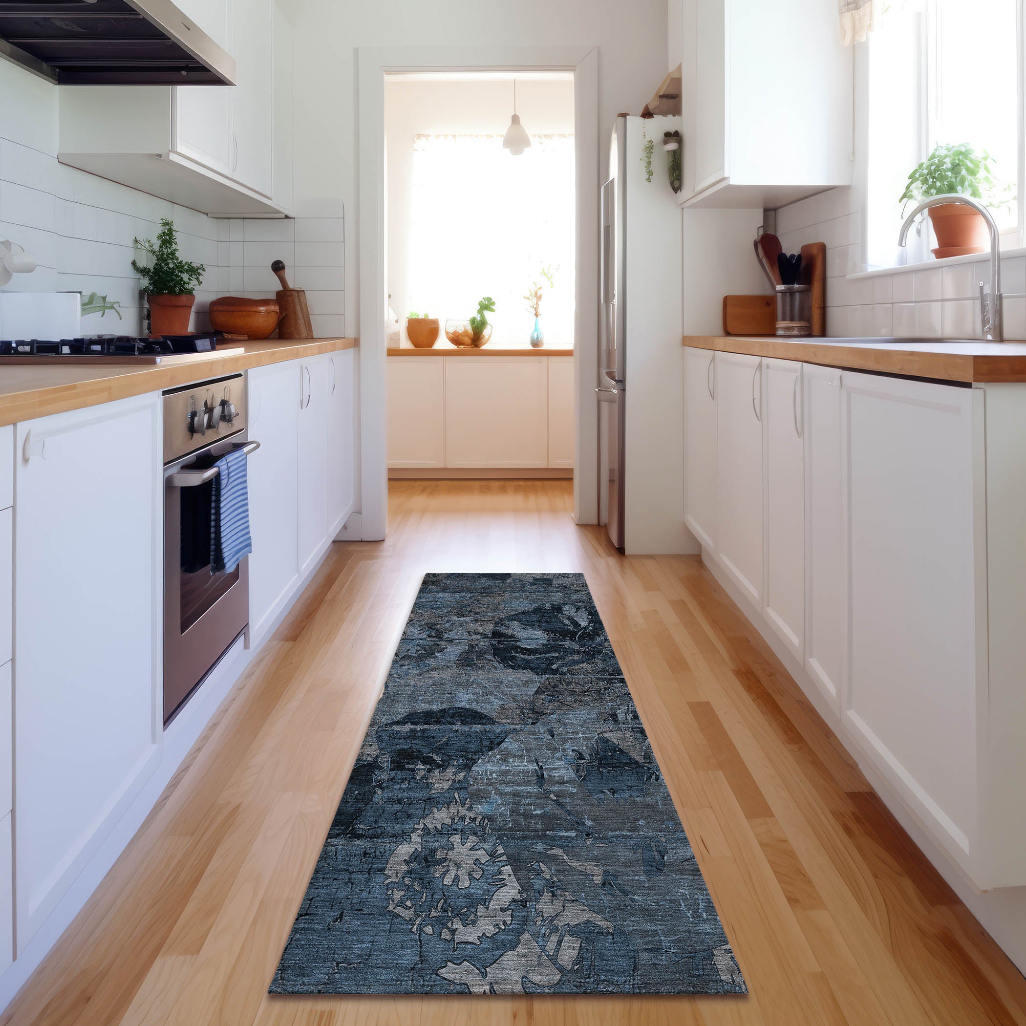 Dublin Machine Washable Transitional Denim Blue Rug 2'3" x 7'6" #shape_Runner