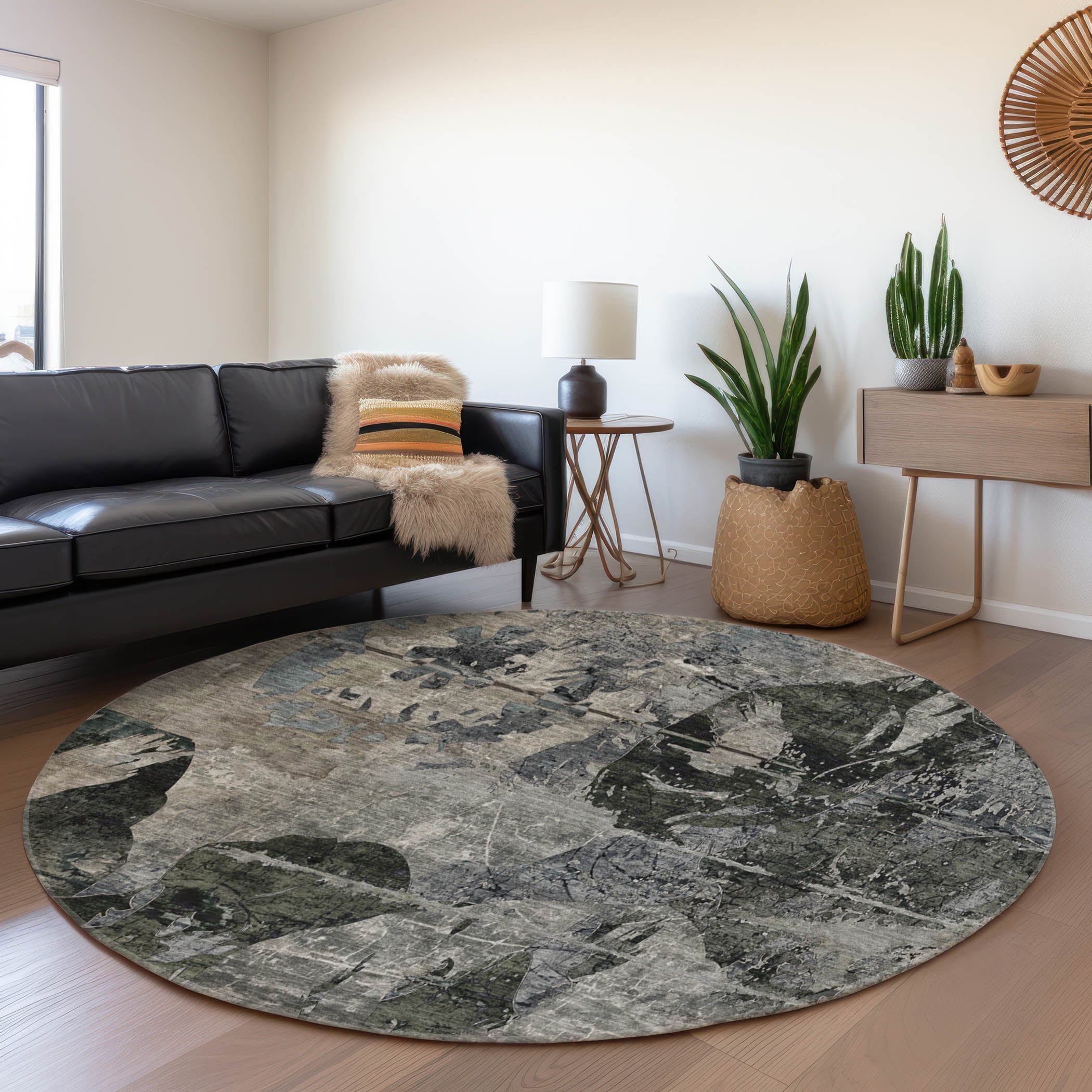 Dublin Machine Washable Transitional Gray Rug 8' x 8' #shape_Round
