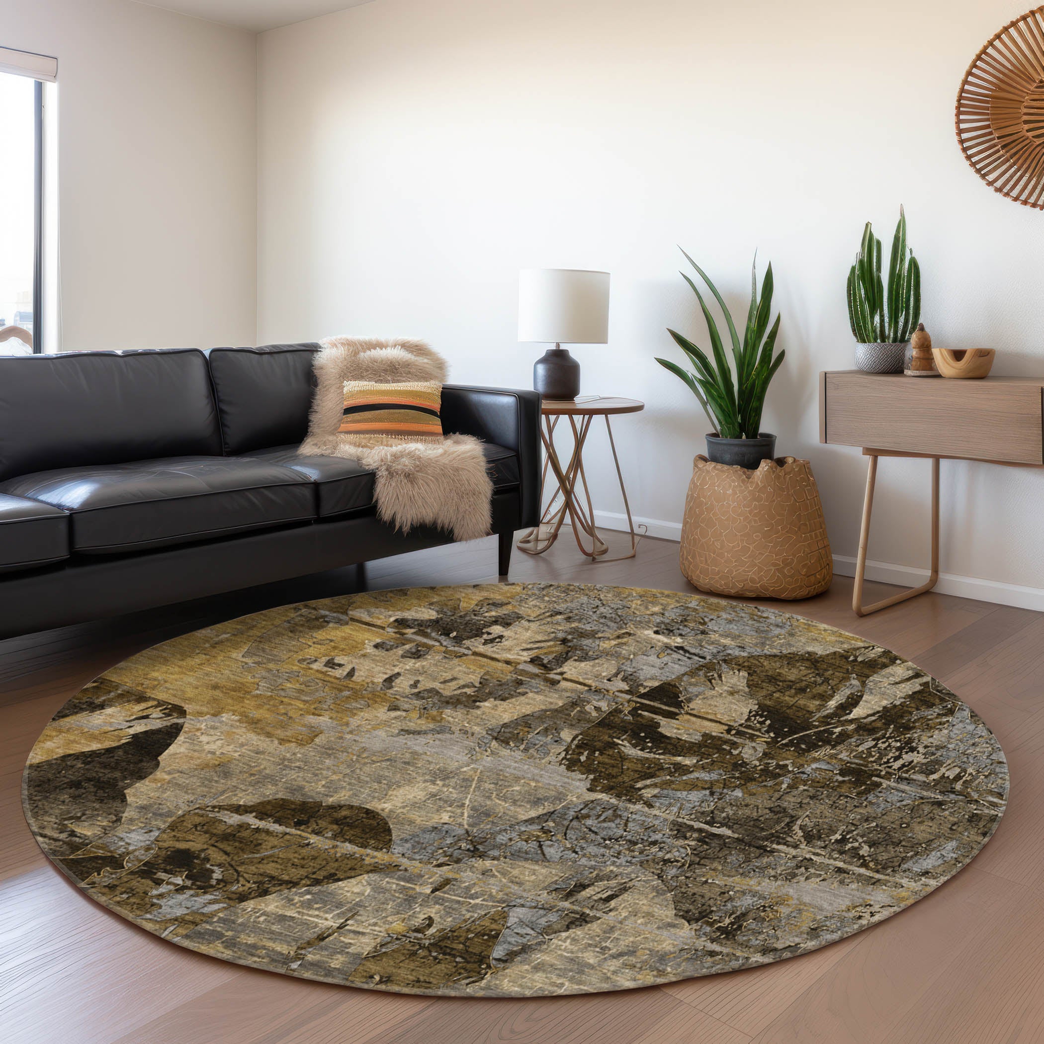 Dublin Machine Washable Transitional Mocha Brown Rug 8' x 8' #shape_Round