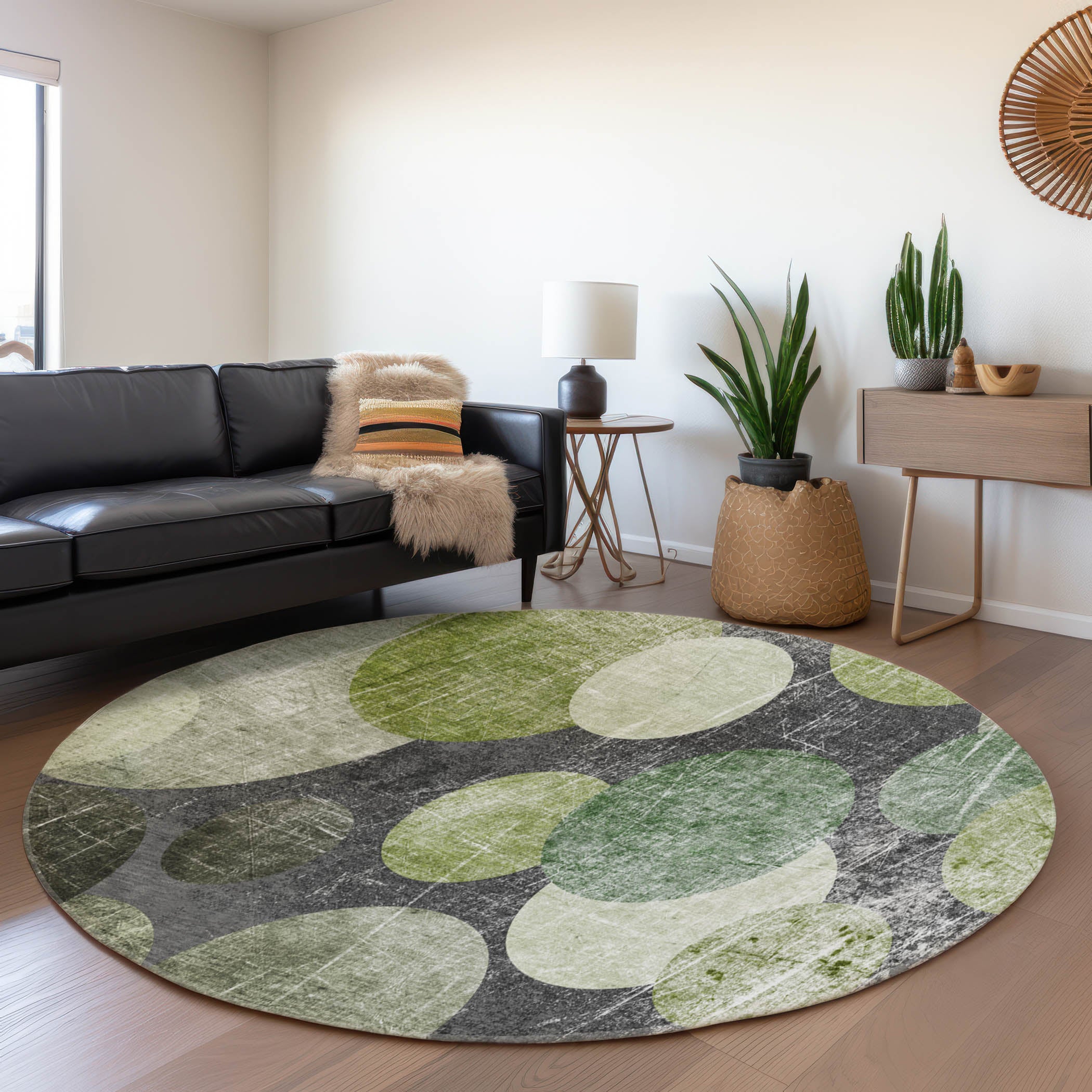 Hoi An Machine Washable Transitional Green Rug 8' x 8' #shape_Round