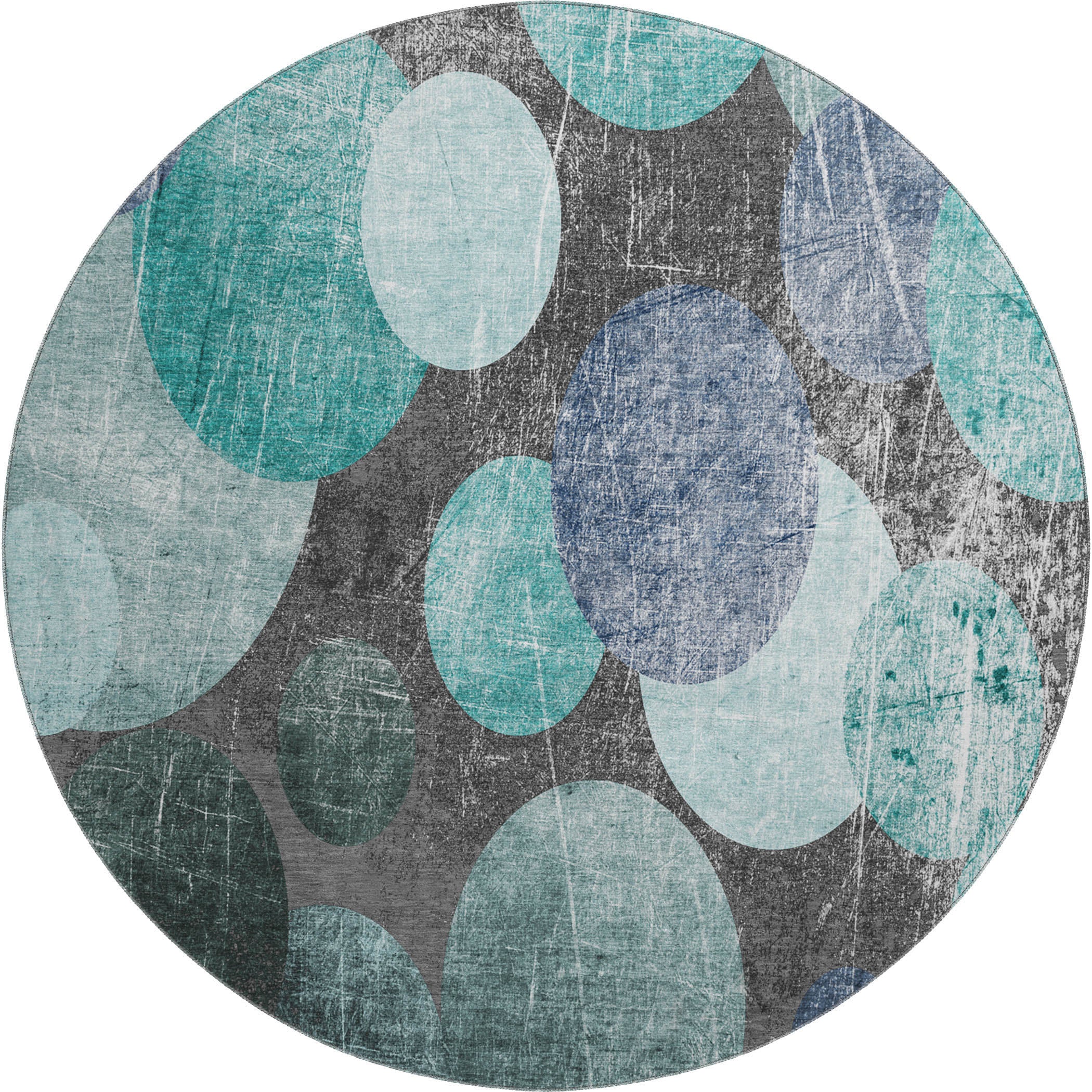 Hoi An Machine Washable Transitional Teal Rug 8' x 8' #shape_Round