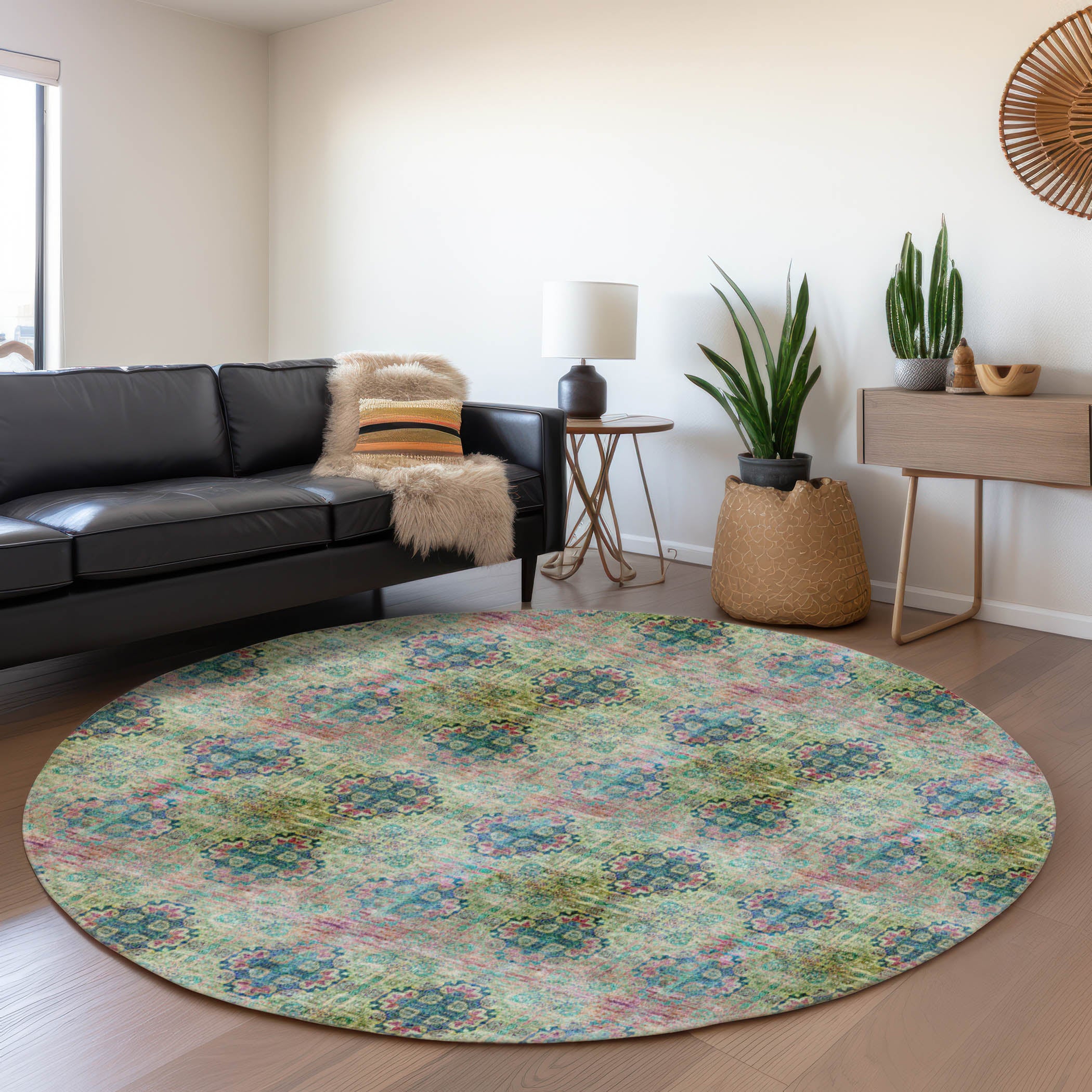 Mostar Machine Washable Transitional Green Rug 8' x 8' #shape_Round