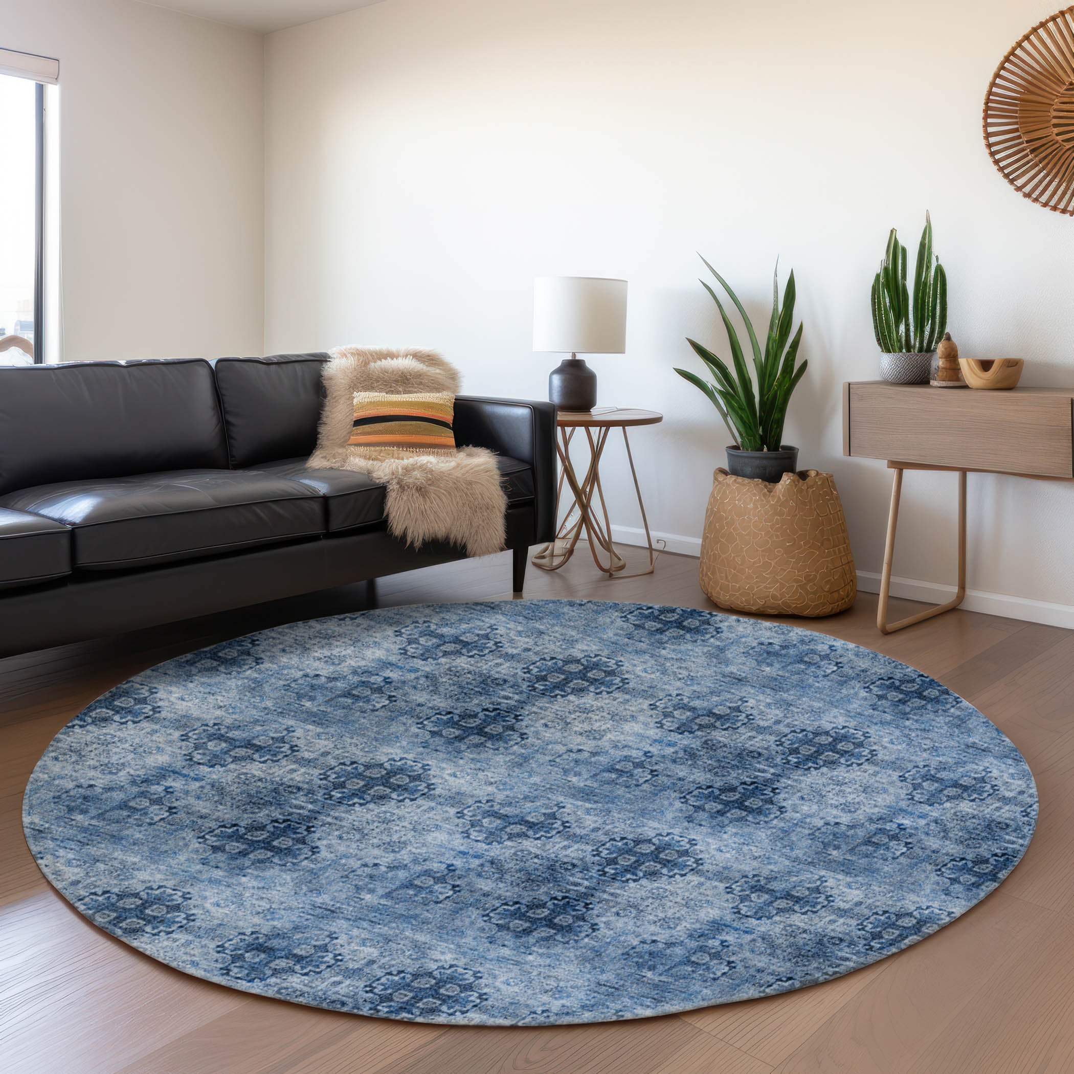 Mostar Machine Washable Transitional Navy Blue Rug 8' x 8' #shape_Round