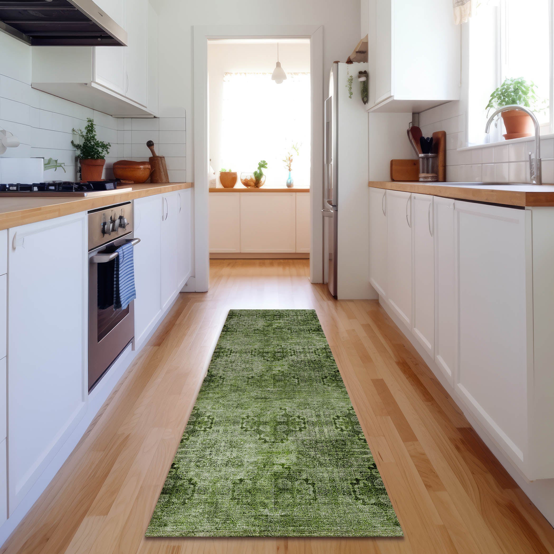 Mostar Machine Washable Transitional Olive Green Rug 2'3" x 7'6" #shape_Runner