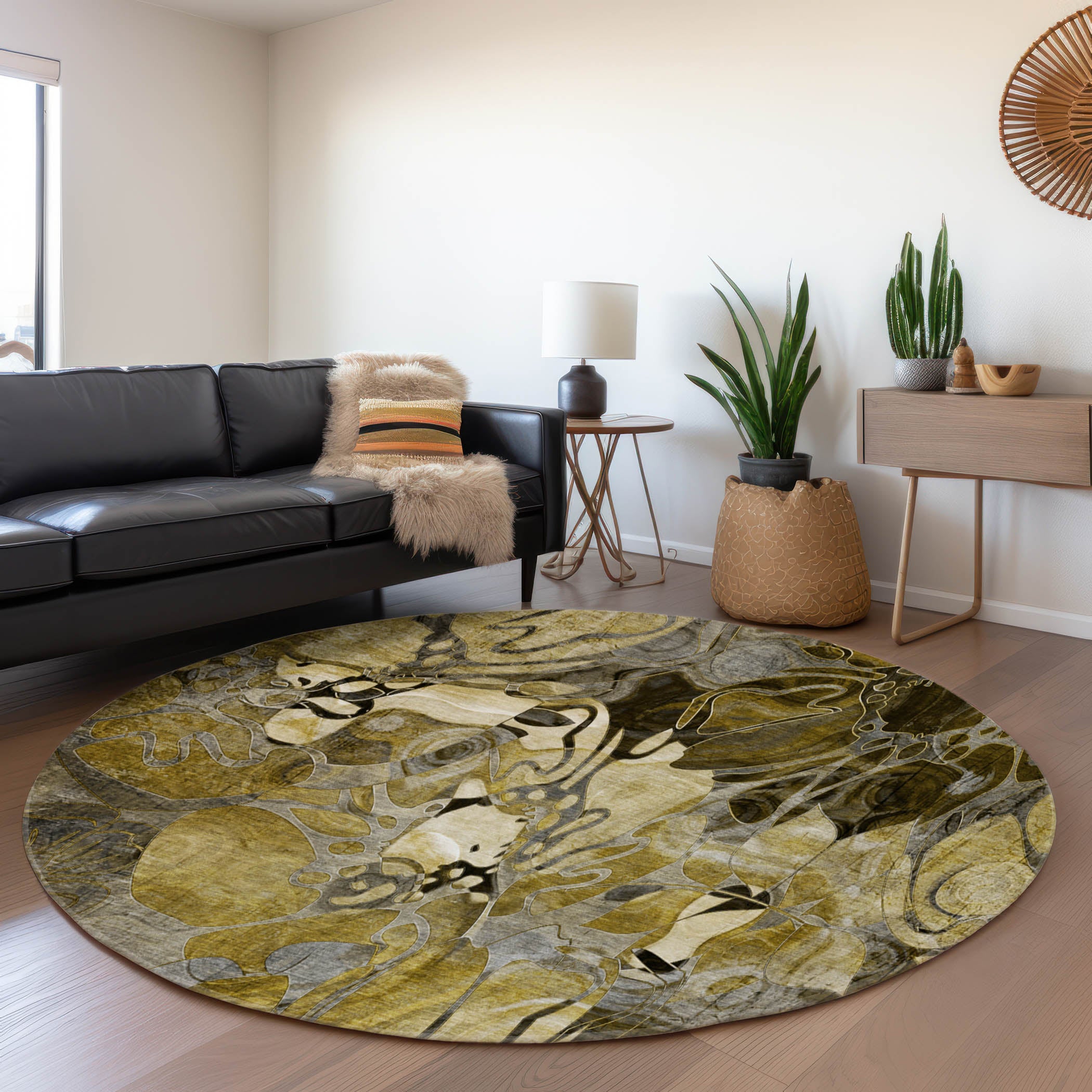 Queenstown Machine Washable Transitional Brown Rug 8' x 8' #shape_Round