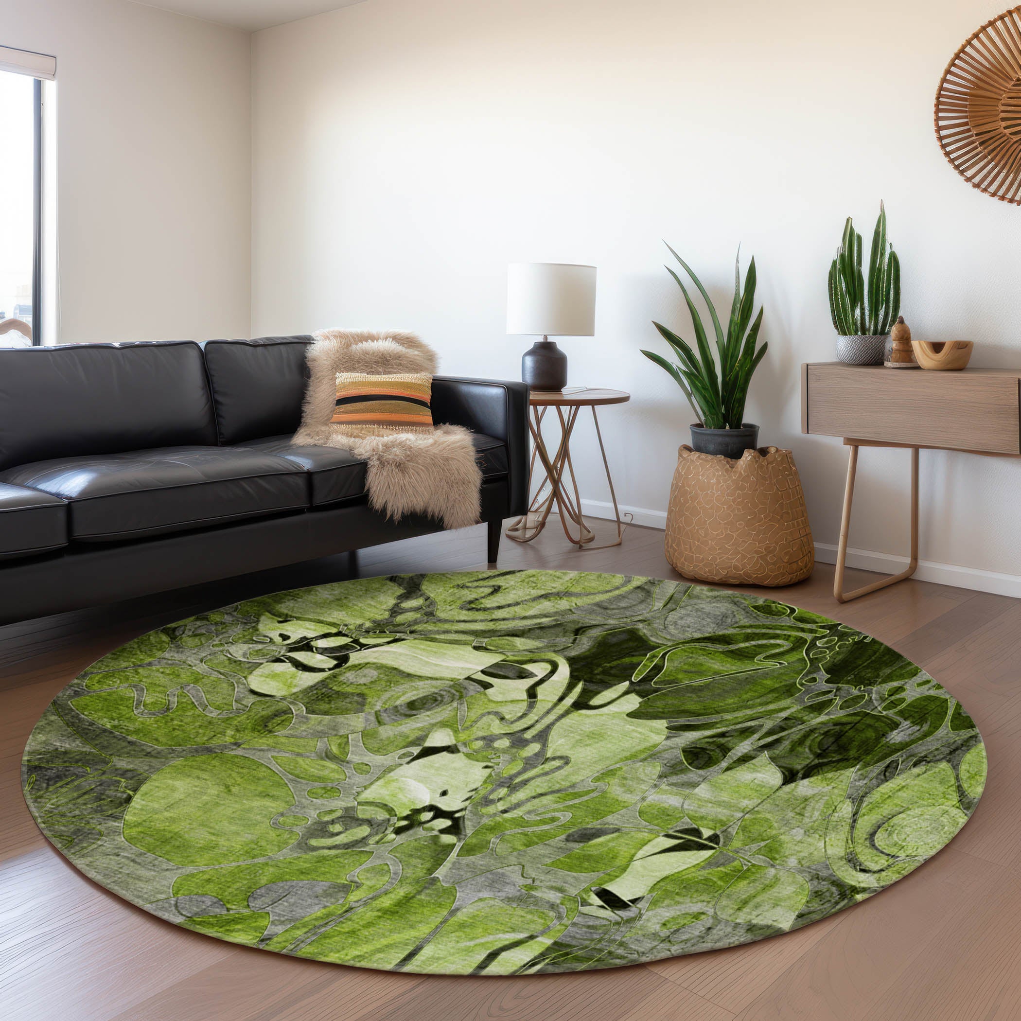 Queenstown Machine Washable Transitional Fern Green Rug 8' x 8' #shape_Round