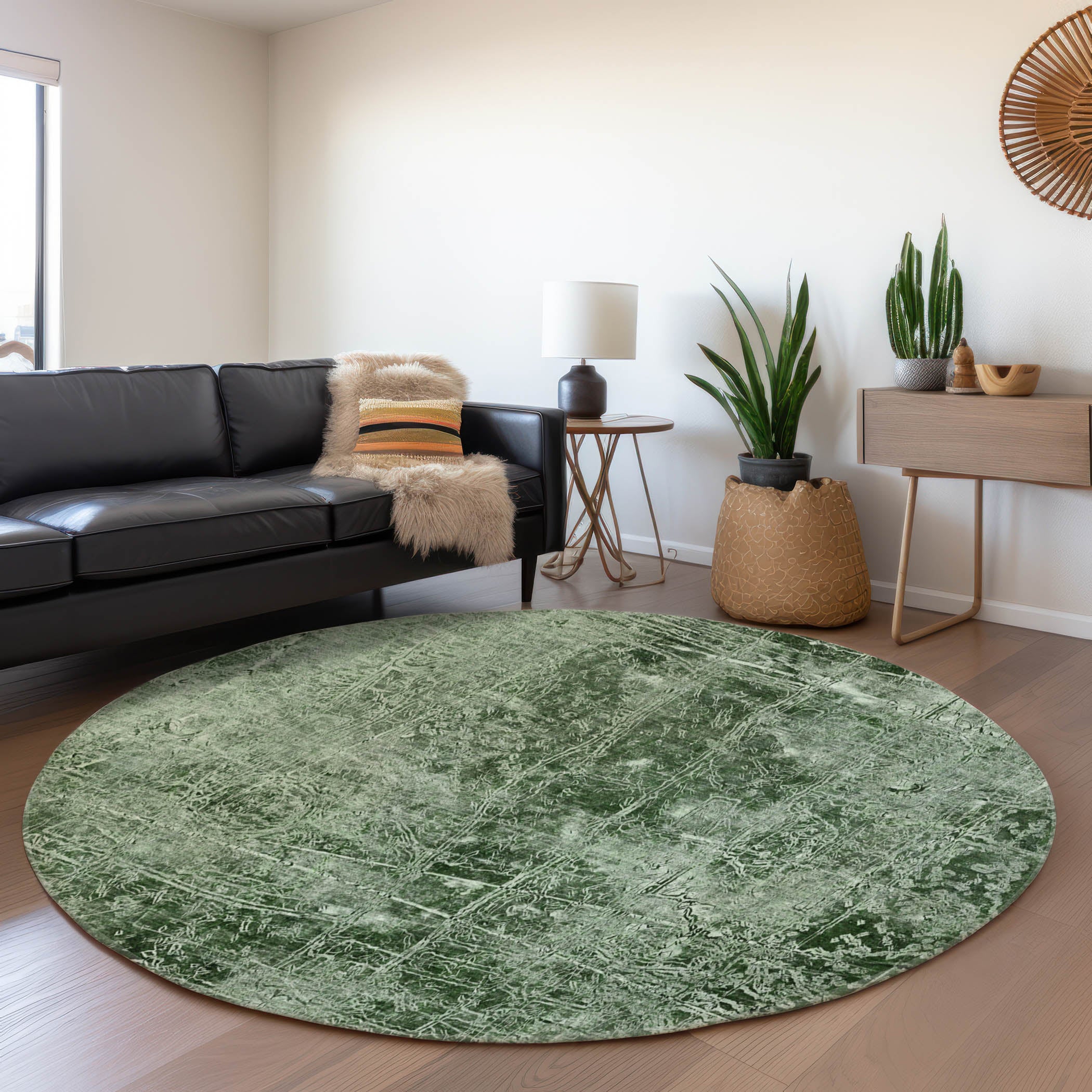 Bergen Machine Washable Transitional Emerald Green Rug 8' x 8' #shape_Round
