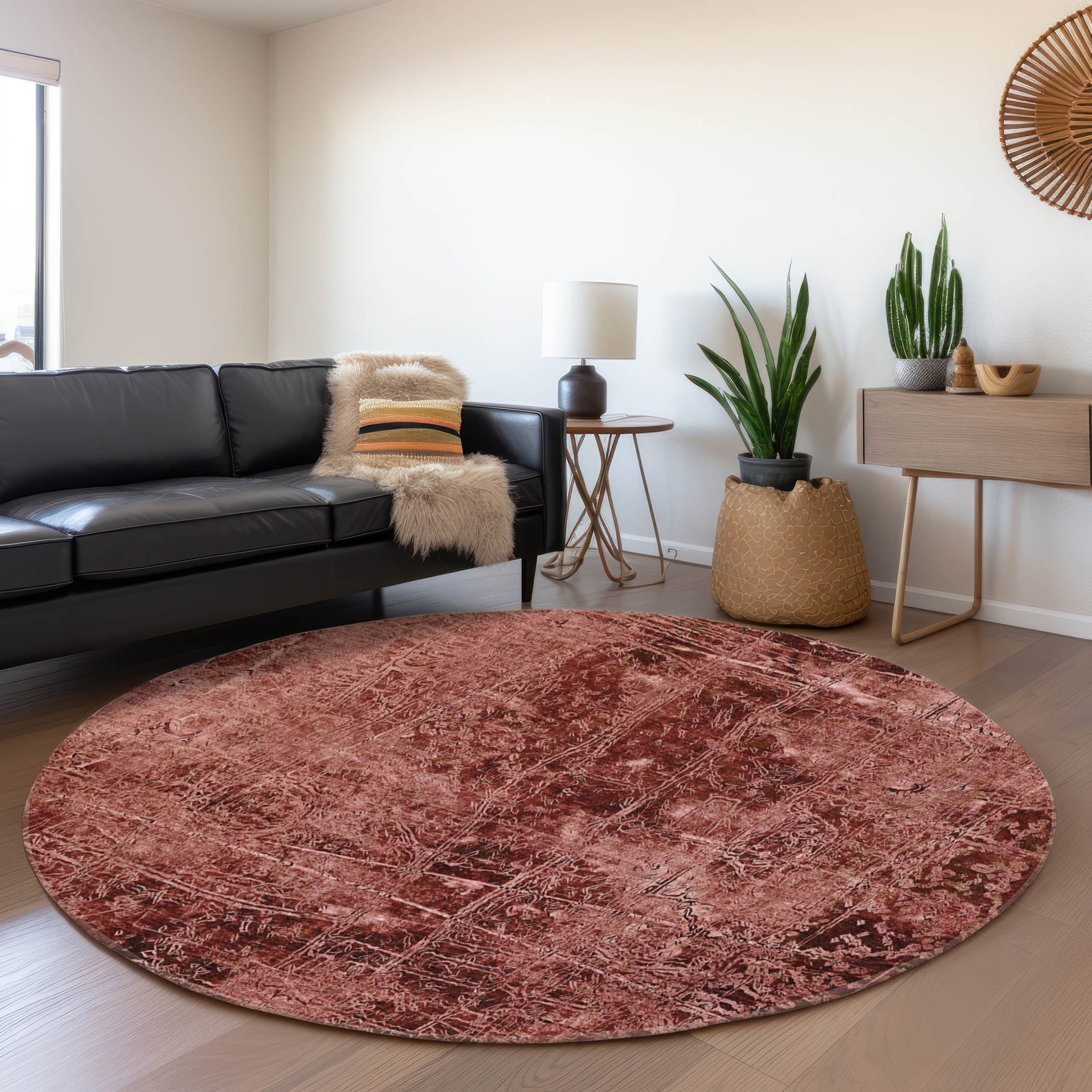 Bergen Machine Washable Transitional Merlot Red Rug 8' x 8' #shape_Round