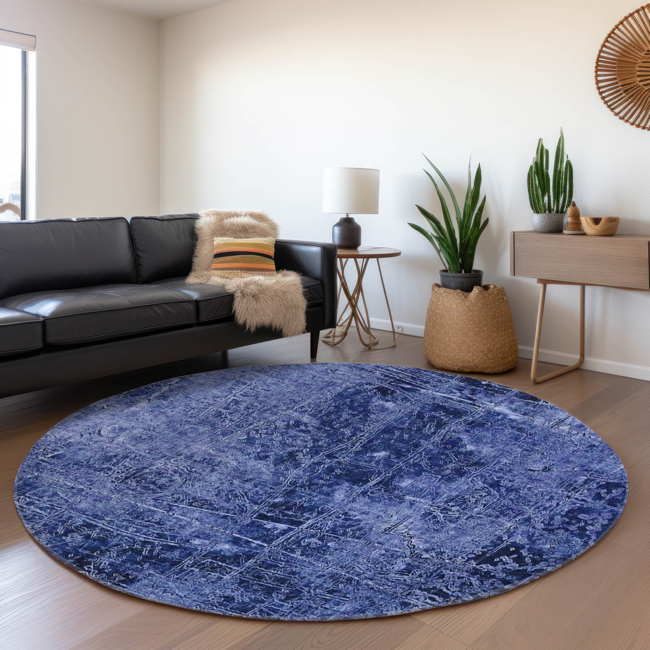 Bergen Machine Washable Transitional Navy Blue Rug 8' x 8' #shape_Round