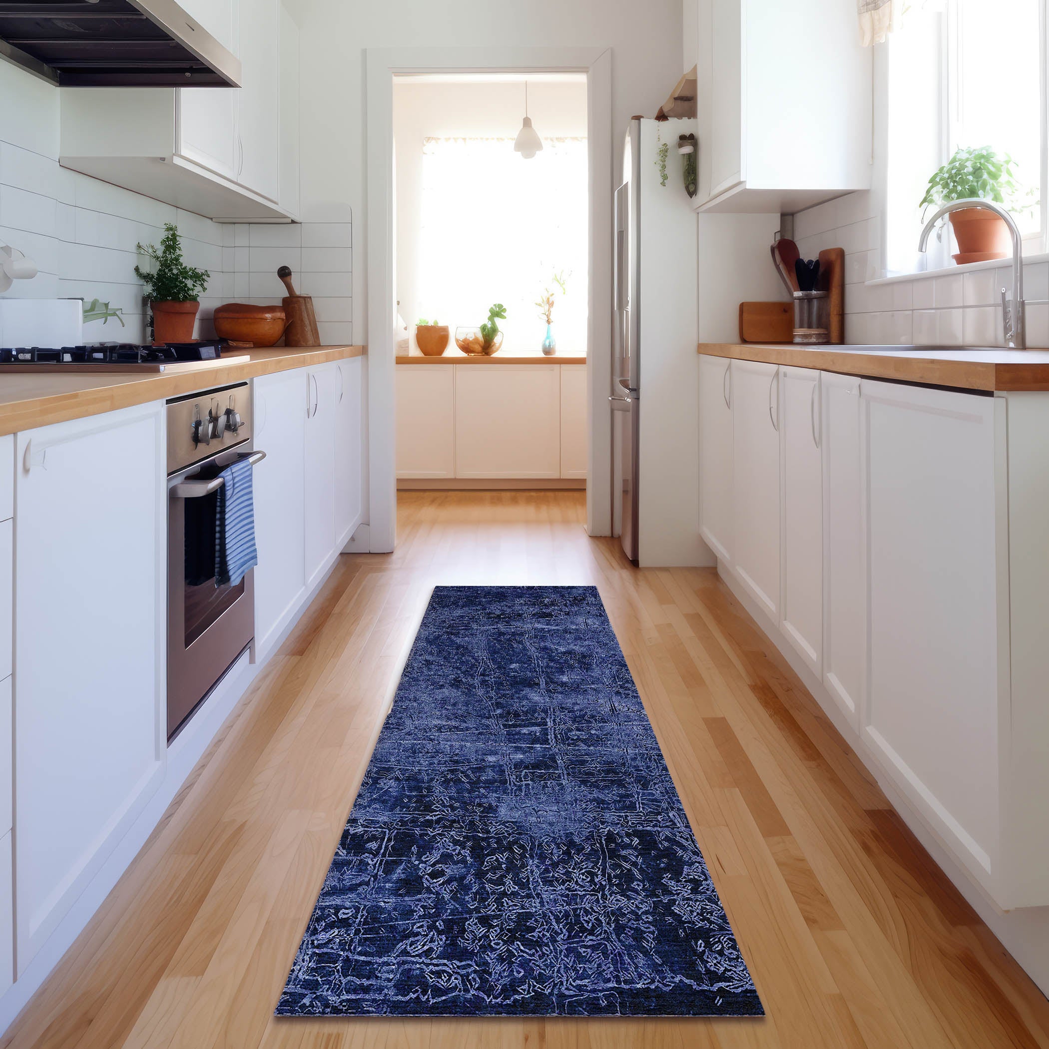 Bergen Machine Washable Transitional Navy Blue Rug 2'3" x 7'6" #shape_Runner