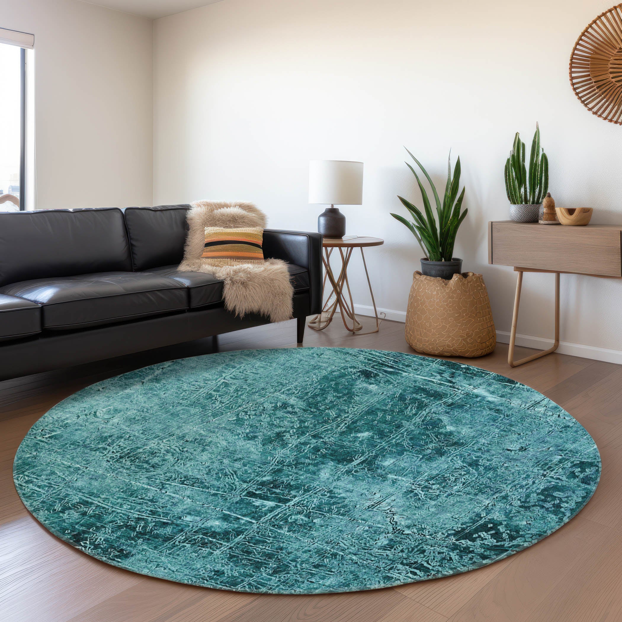 Bergen Machine Washable Transitional Teal Rug 8' x 8' #shape_Round