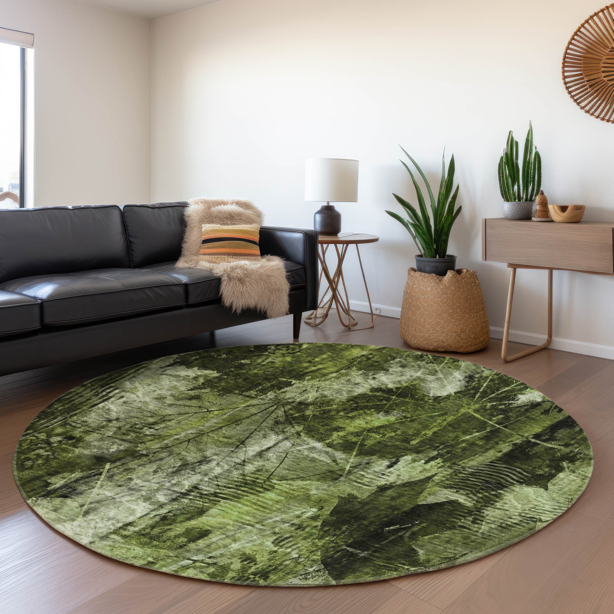 Kyoto Machine Washable Transitional Green Rug 8' x 8' #shape_Round