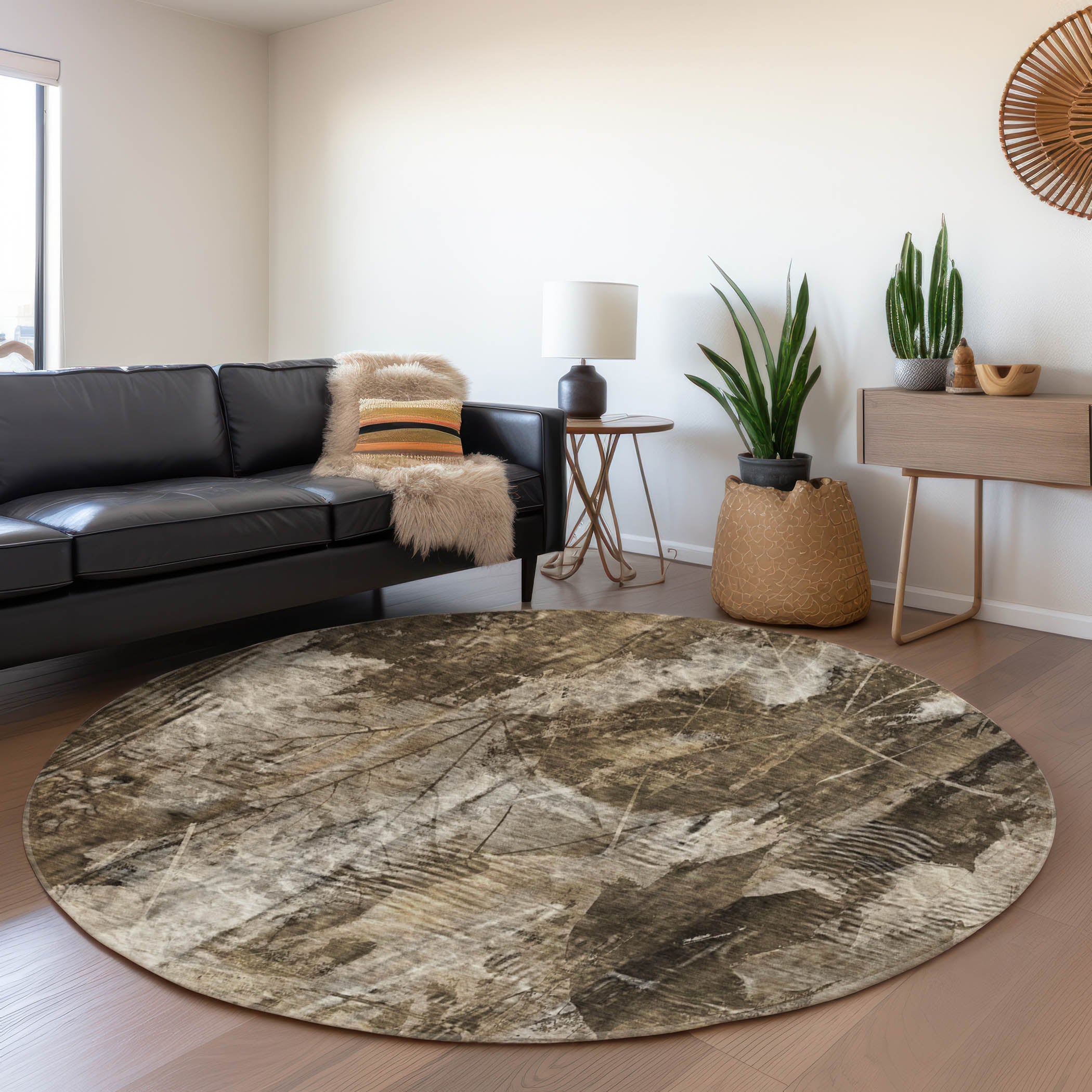 Kyoto Machine Washable Transitional Taupe Brown Rug 8' x 8' #shape_Round