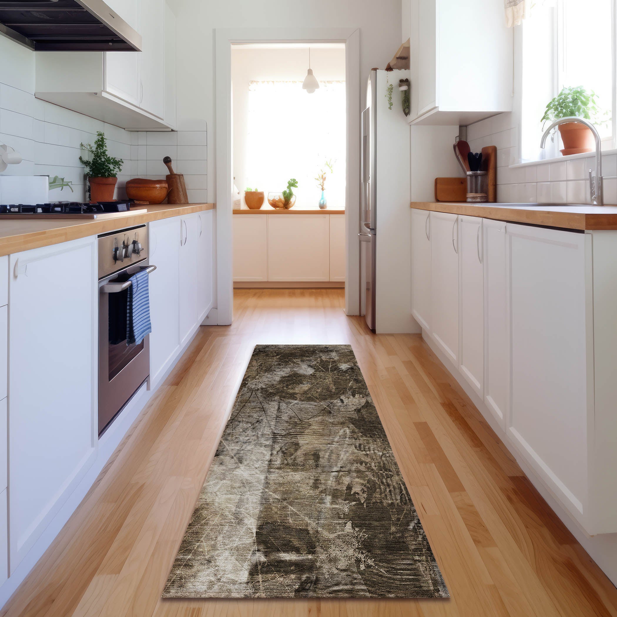 Kyoto Machine Washable Transitional Taupe Brown Rug 2'3" x 7'6" #shape_Runner