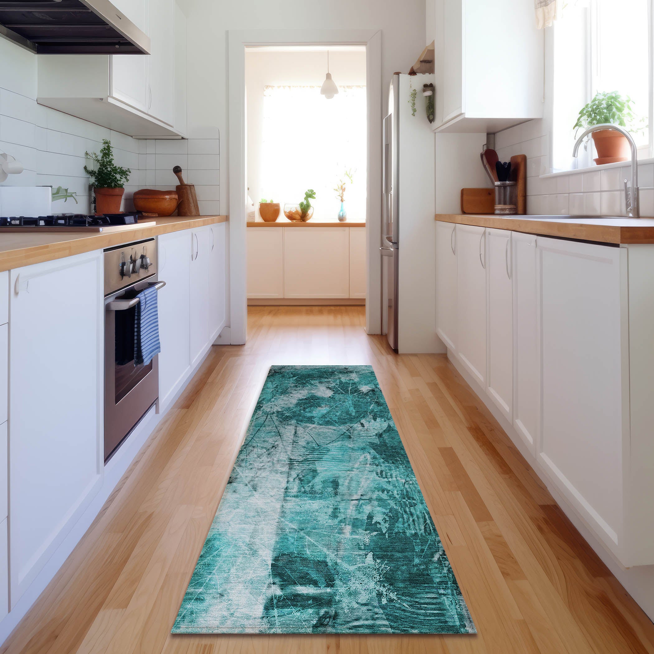 Kyoto Machine Washable Transitional Teal Rug 2'3" x 7'6" #shape_Runner