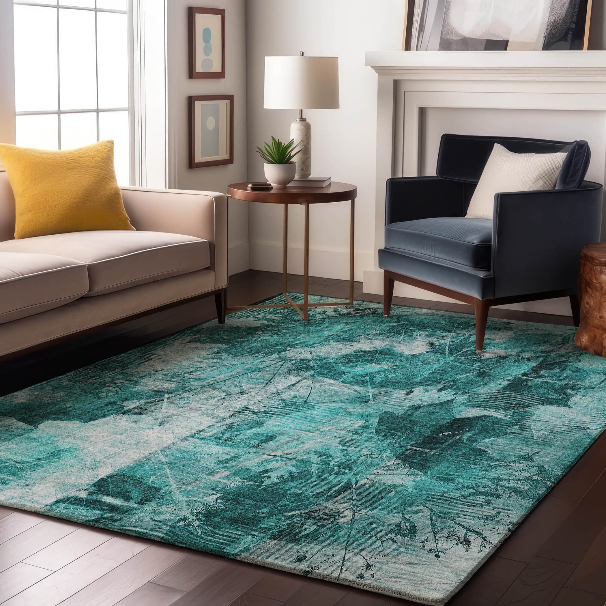Kyoto Machine Washable Transitional Teal Rug 2'6" x 3'10" #shape_Rectangle