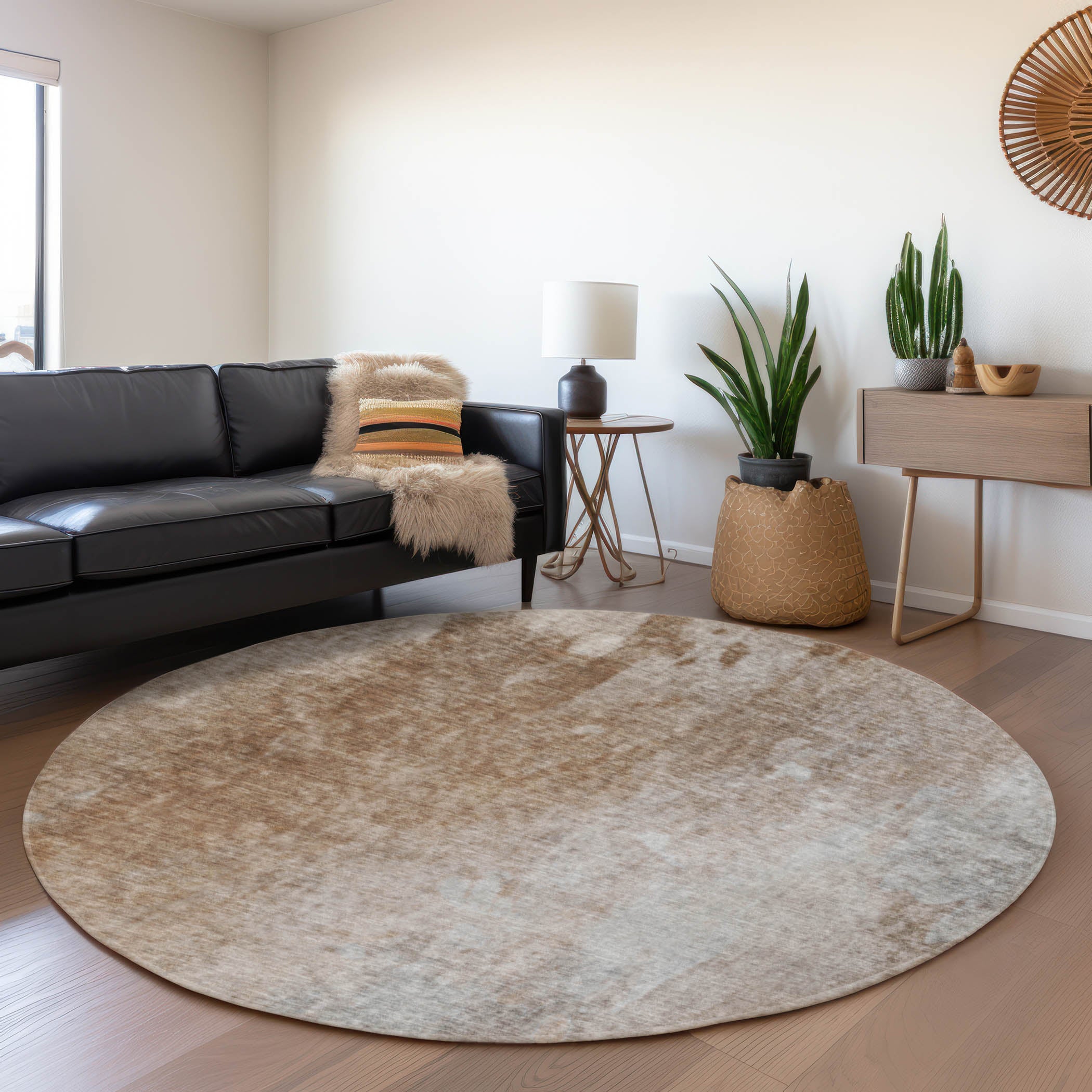 Mdina Machine Washable Transitional Mocha Brown Rug 8' x 8' #shape_Round