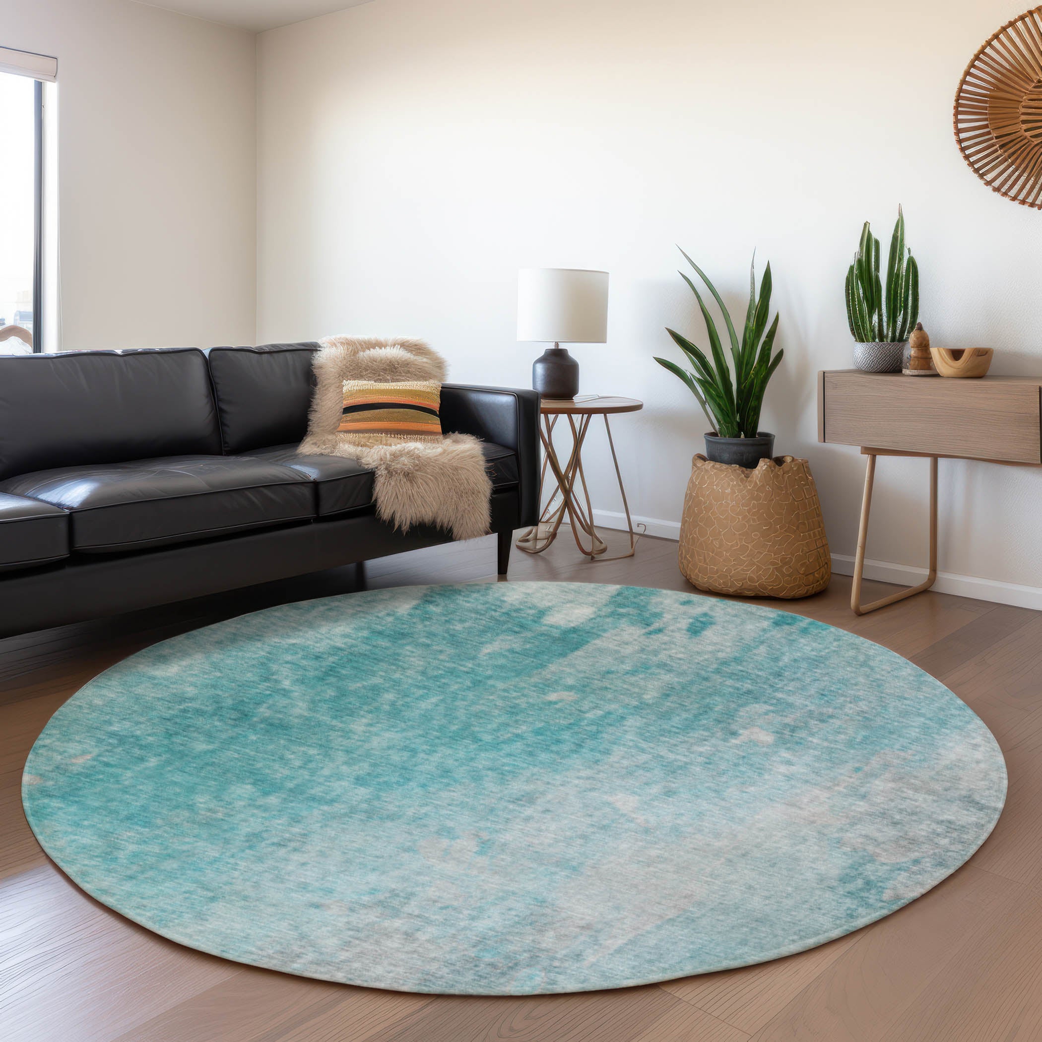 Mdina Machine Washable Transitional Teal Rug 8' x 8' #shape_Round