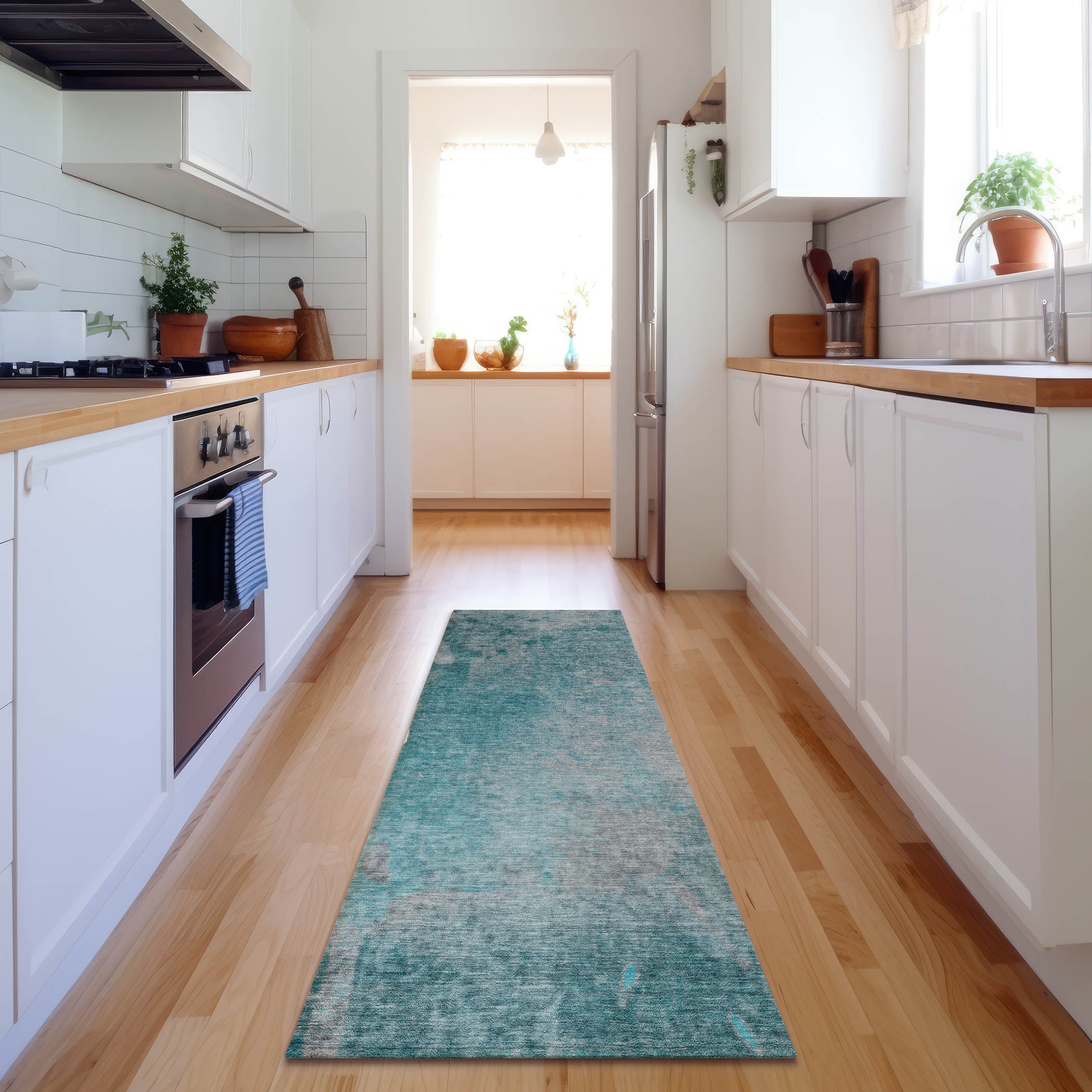 Mdina Machine Washable Transitional Teal Rug 2'3" x 7'6" #shape_Runner