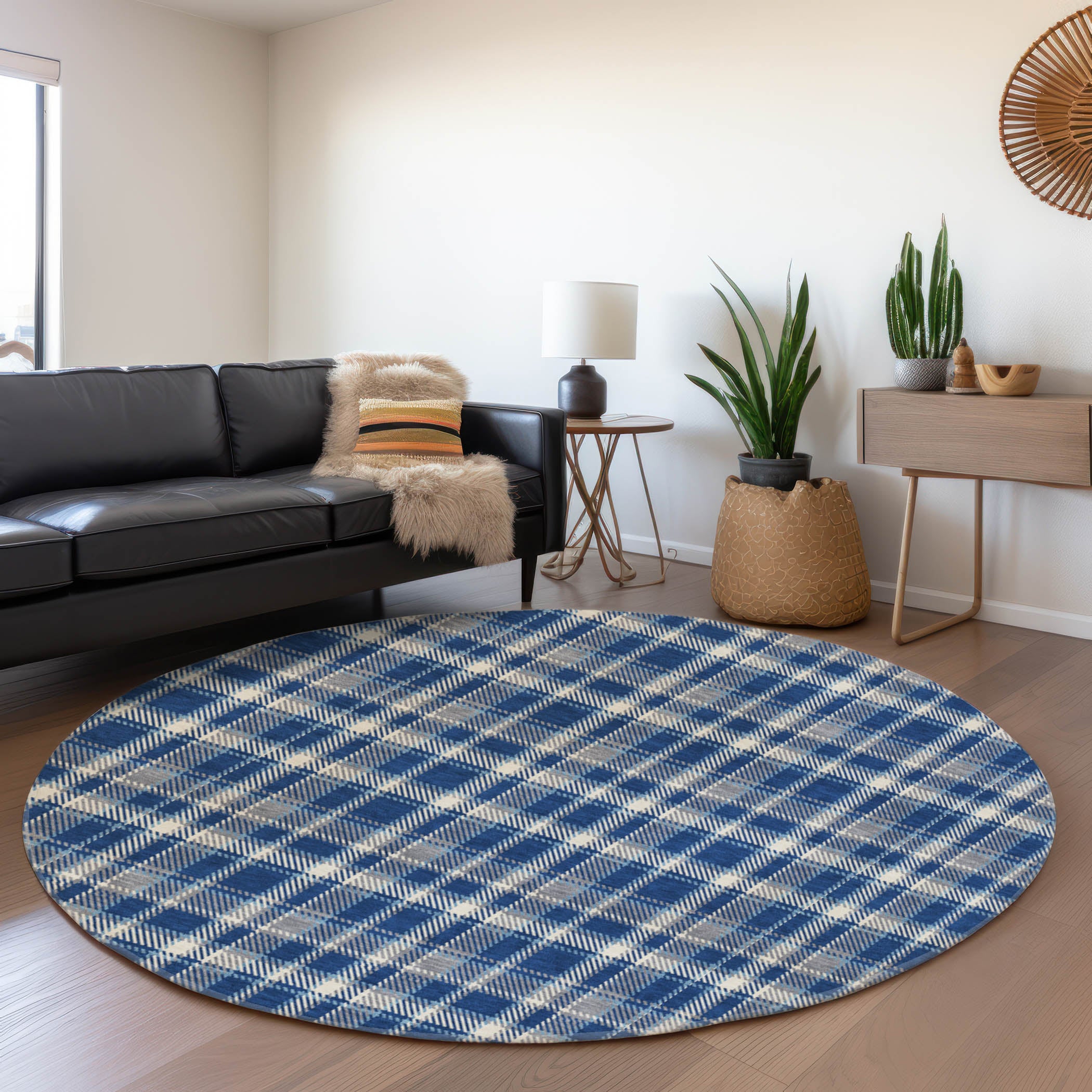 Luang Prabang Machine Washable Transitional Navy Blue Rug 8' x 8' #shape_Round